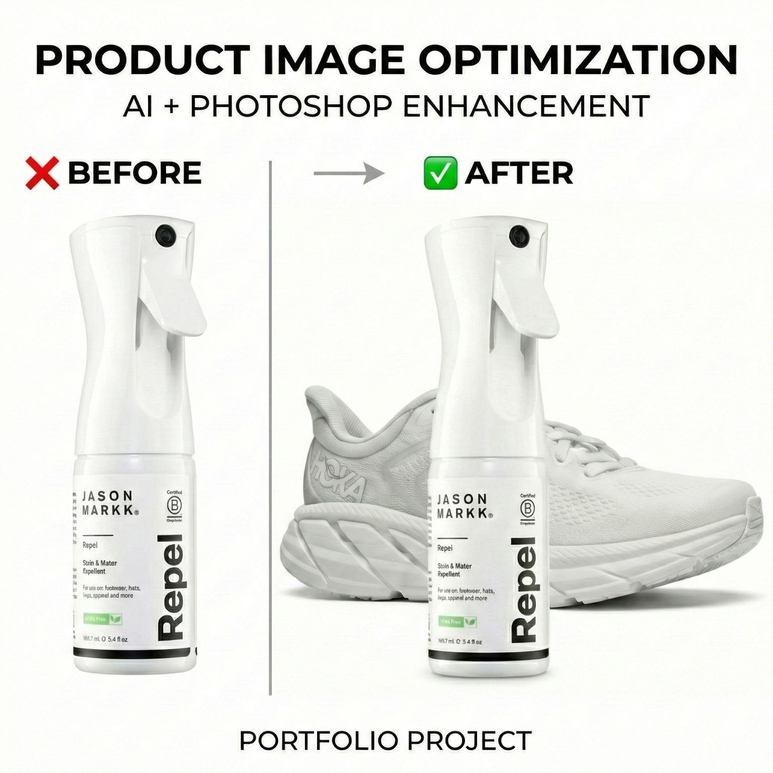 Jason Markk Repel Spray — before and after product image optimization comparison card