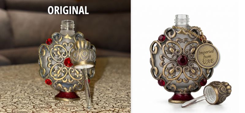 Perfume oil bottle before and after product retouching — from casual photo to marketplace-ready e-commerce image