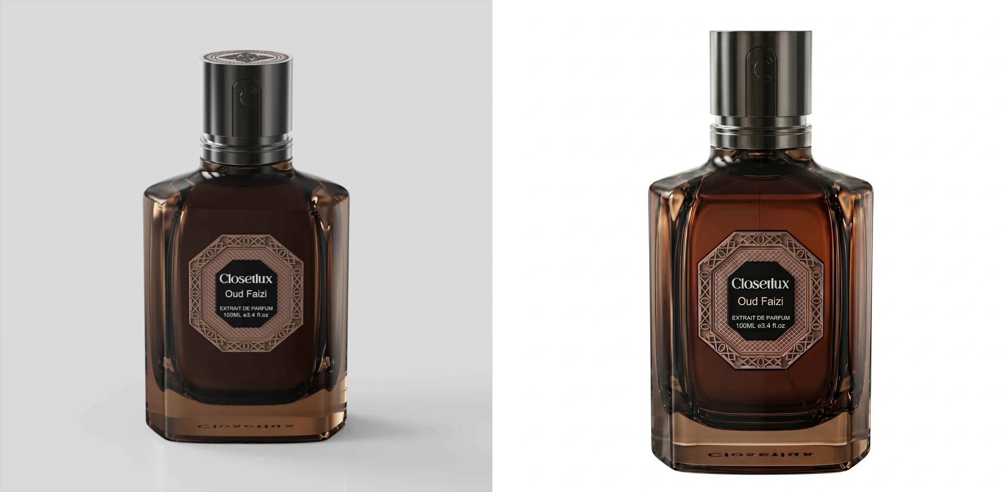 Closetlux Oud Faizi perfume bottle — before and after image restoration by Muhammad Kashif