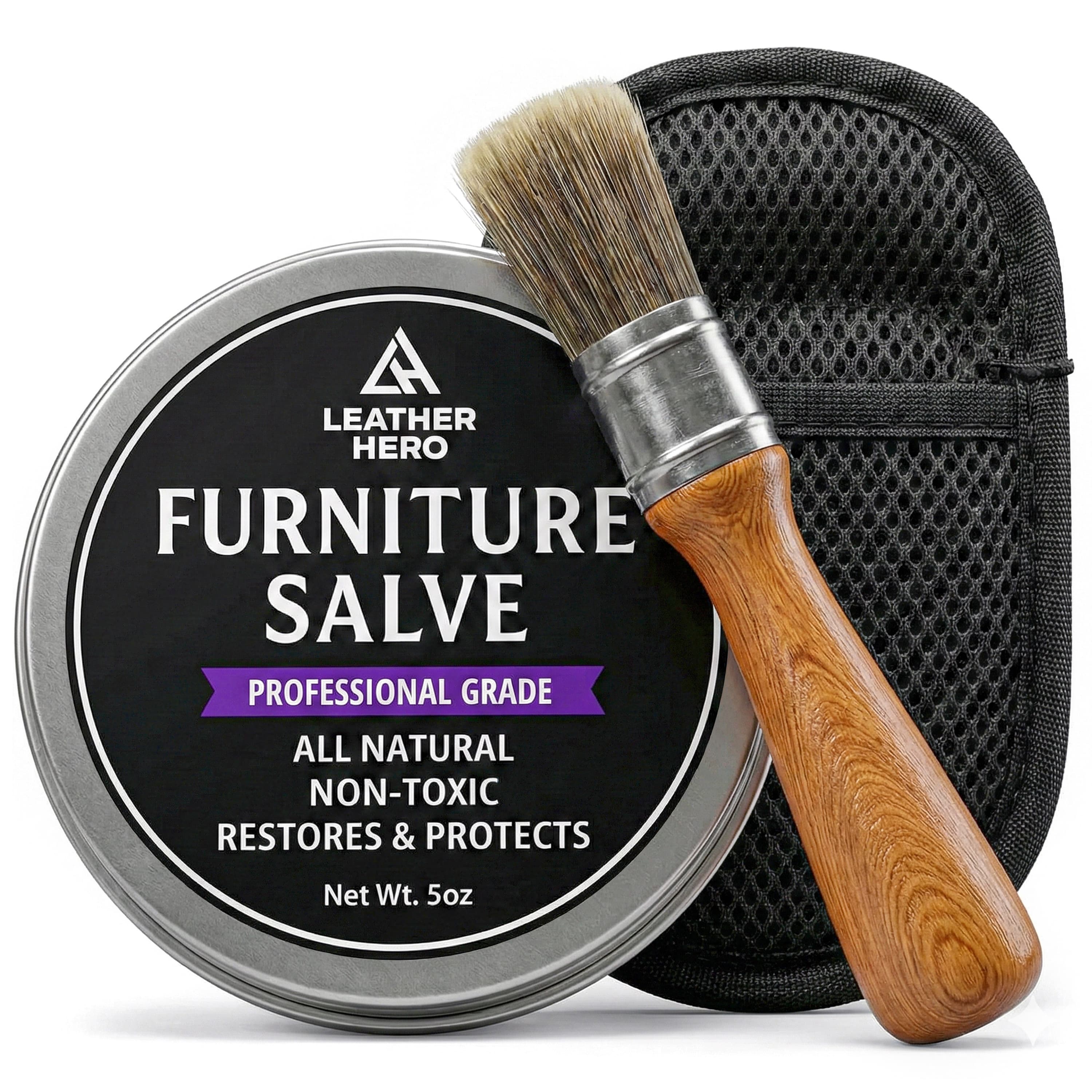 Redesigned main image — Leather Hero Furniture Salve tin, wooden applicator brush and mesh buffing pad on a pure white background