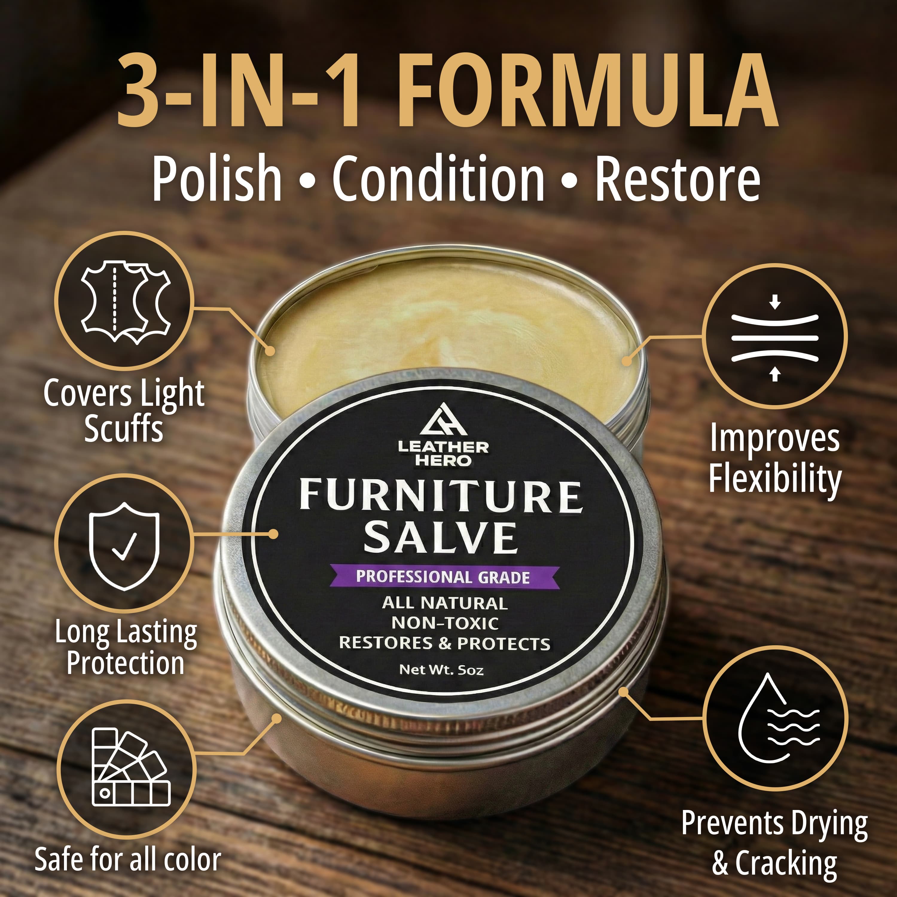Redesigned second image — "3-in-1 Formula: Polish, Condition, Restore" with six benefit icons arranged around the open salve tin on a wooden table