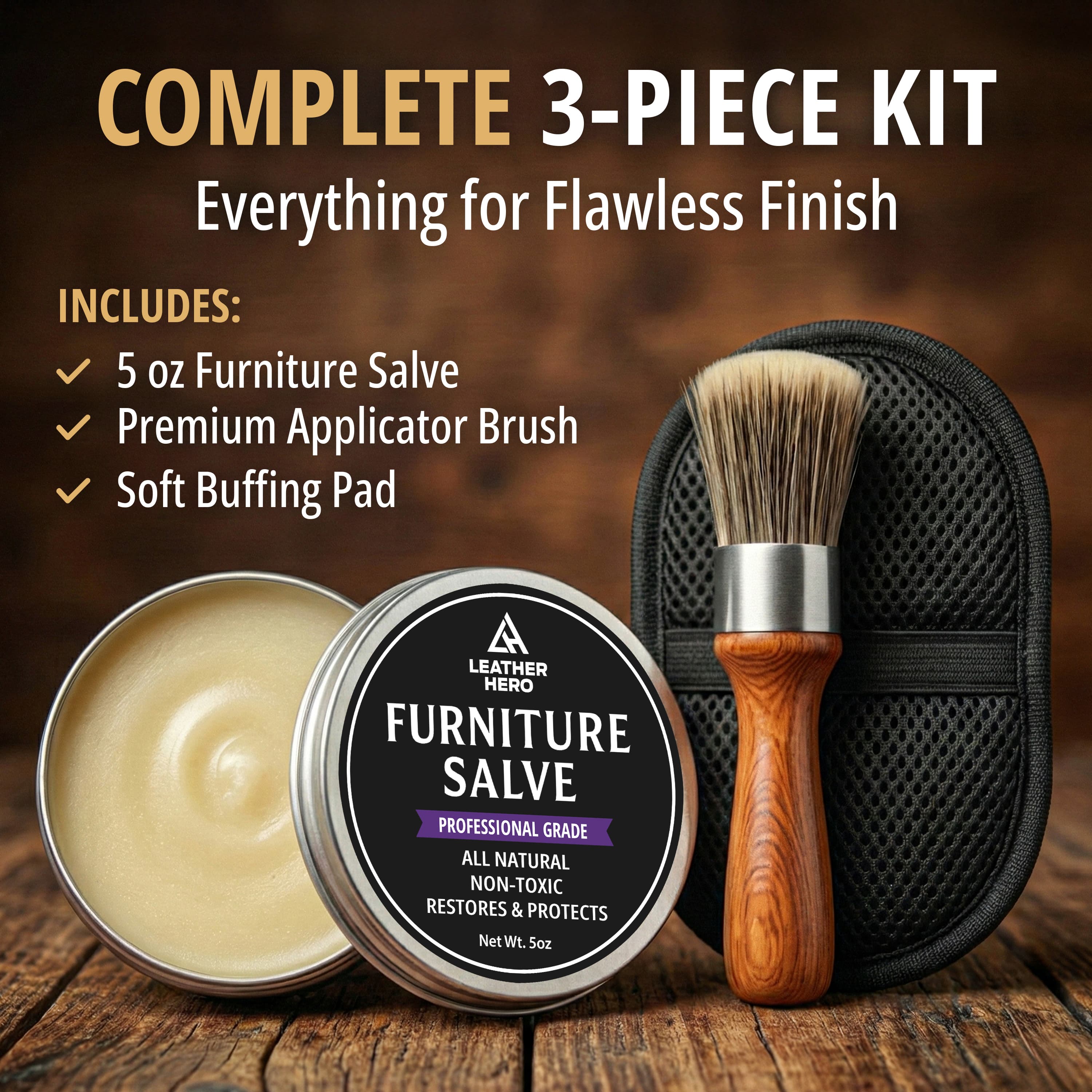 Redesigned fourth image — "Complete 3-Piece Kit" listing the 5oz salve, premium applicator brush and soft buffing pad