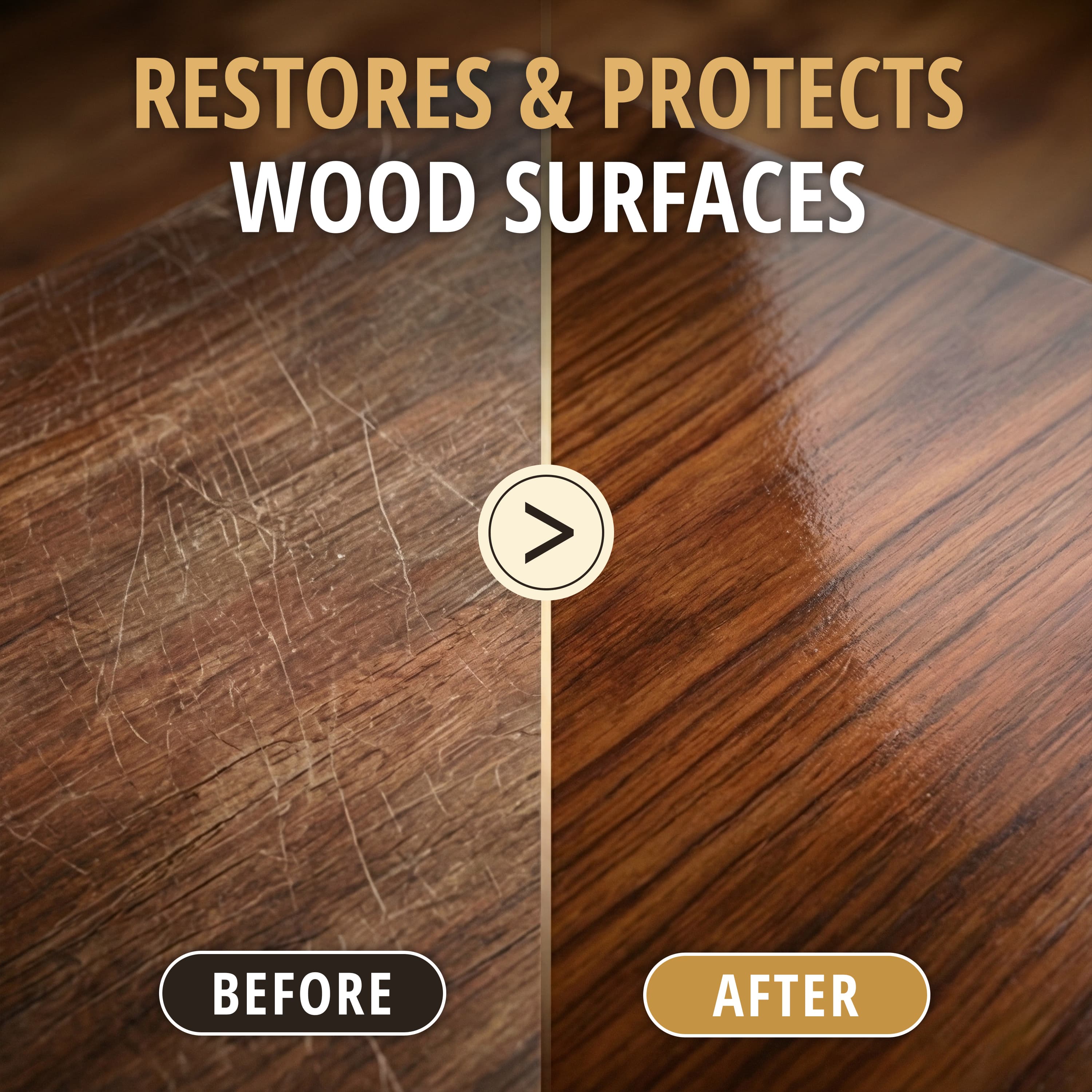 Redesigned fifth image — split before and after of a scratched wooden table top restored to a deep even finish