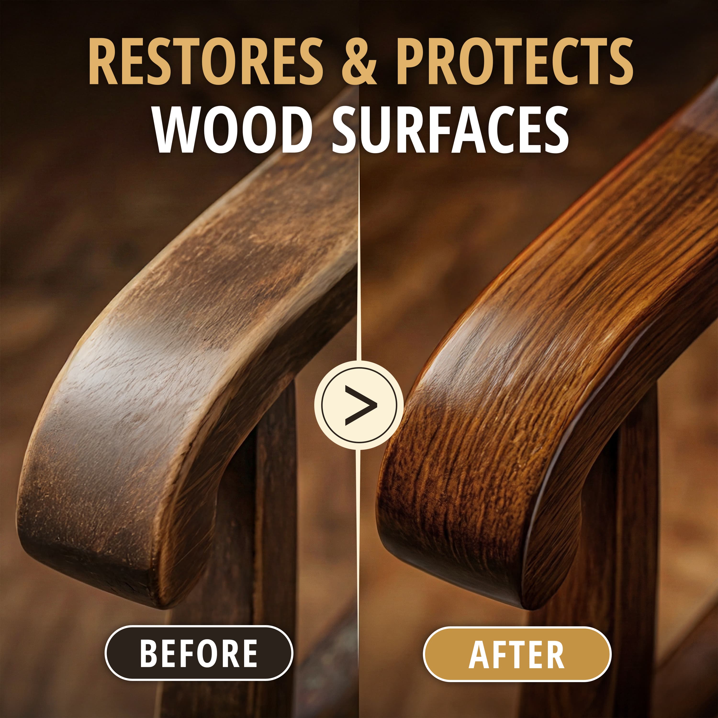 Redesigned sixth image — split before and after of a dried-out wooden chair rail restored to a rich grain