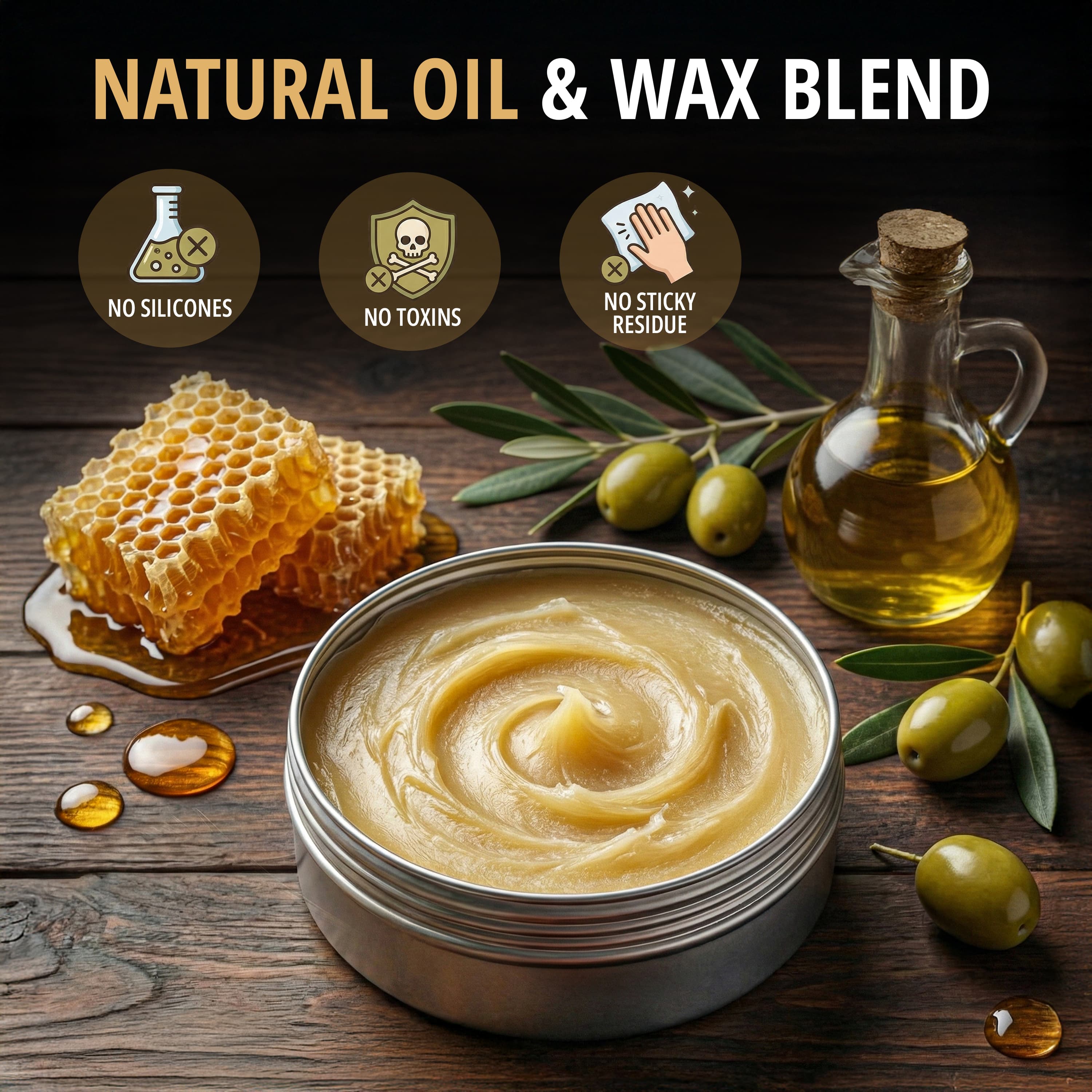 Redesigned eighth image — "Natural Oil & Wax Blend" showing honeycomb, olive oil and olives beside the open tin, with no-silicones, no-toxins and no-sticky-residue badges