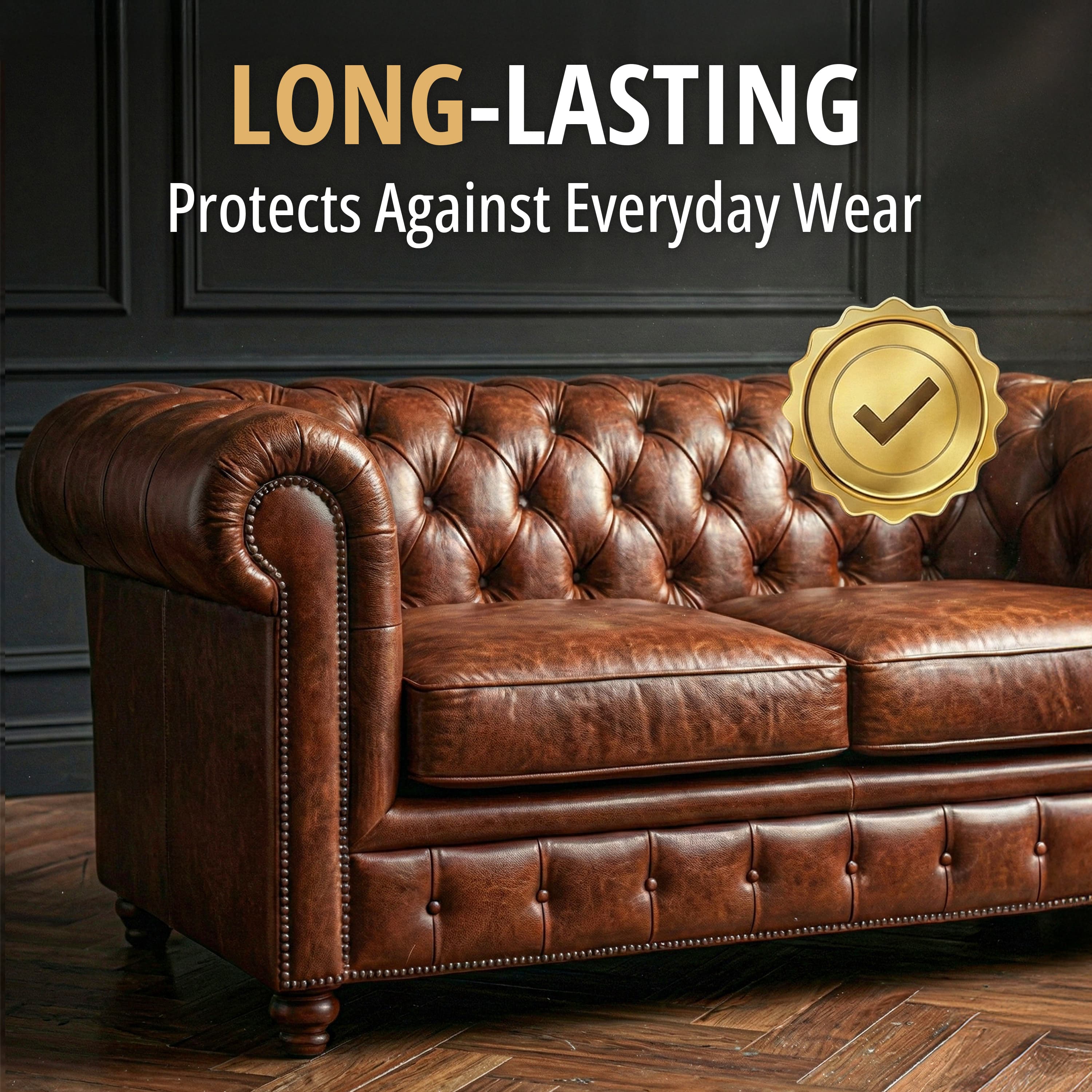 Redesigned ninth image — a restored brown Chesterfield leather sofa in a dark panelled room under a "Long-Lasting" headline