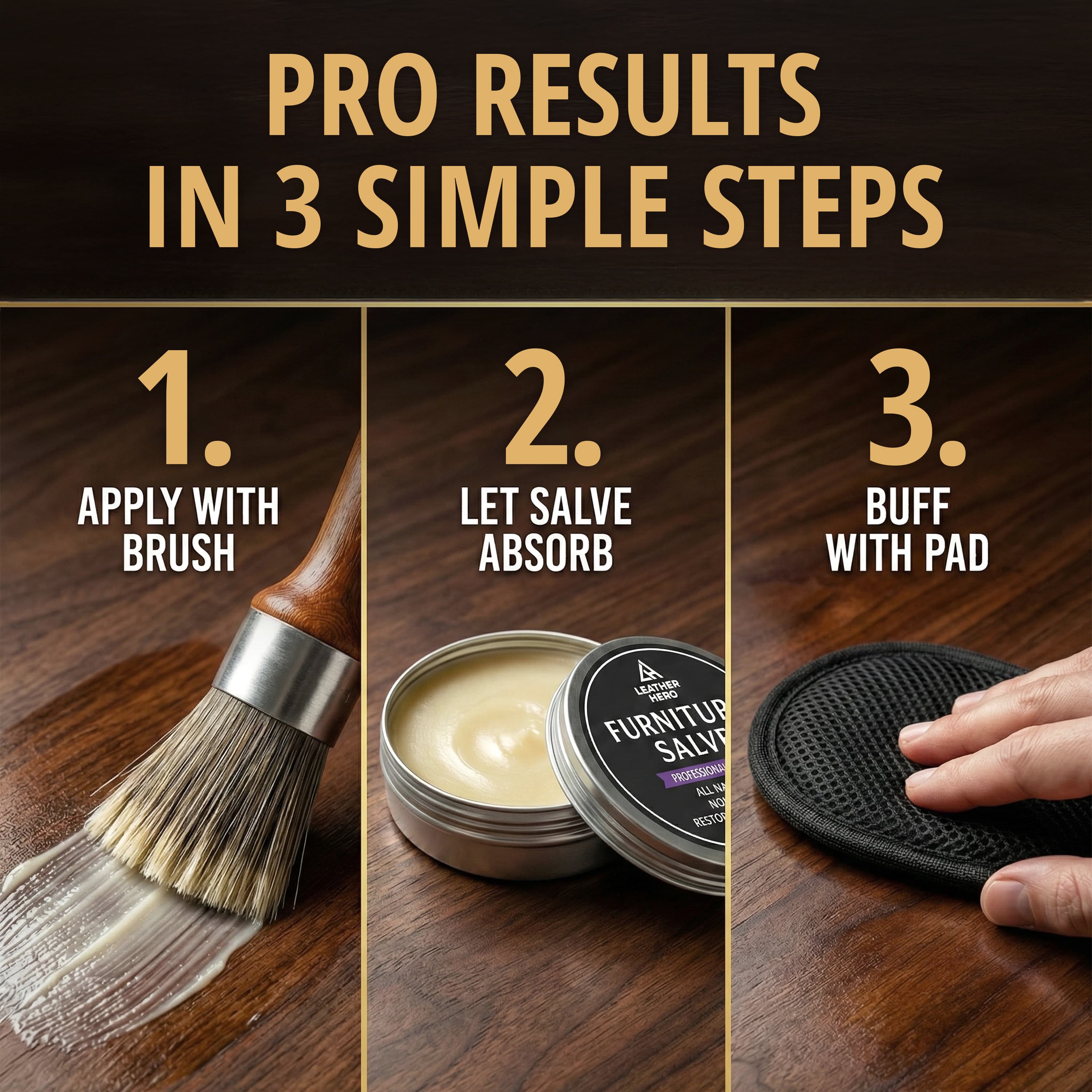 Redesigned tenth image — "Pro Results in 3 Simple Steps" showing apply with brush, let salve absorb, and buff with pad