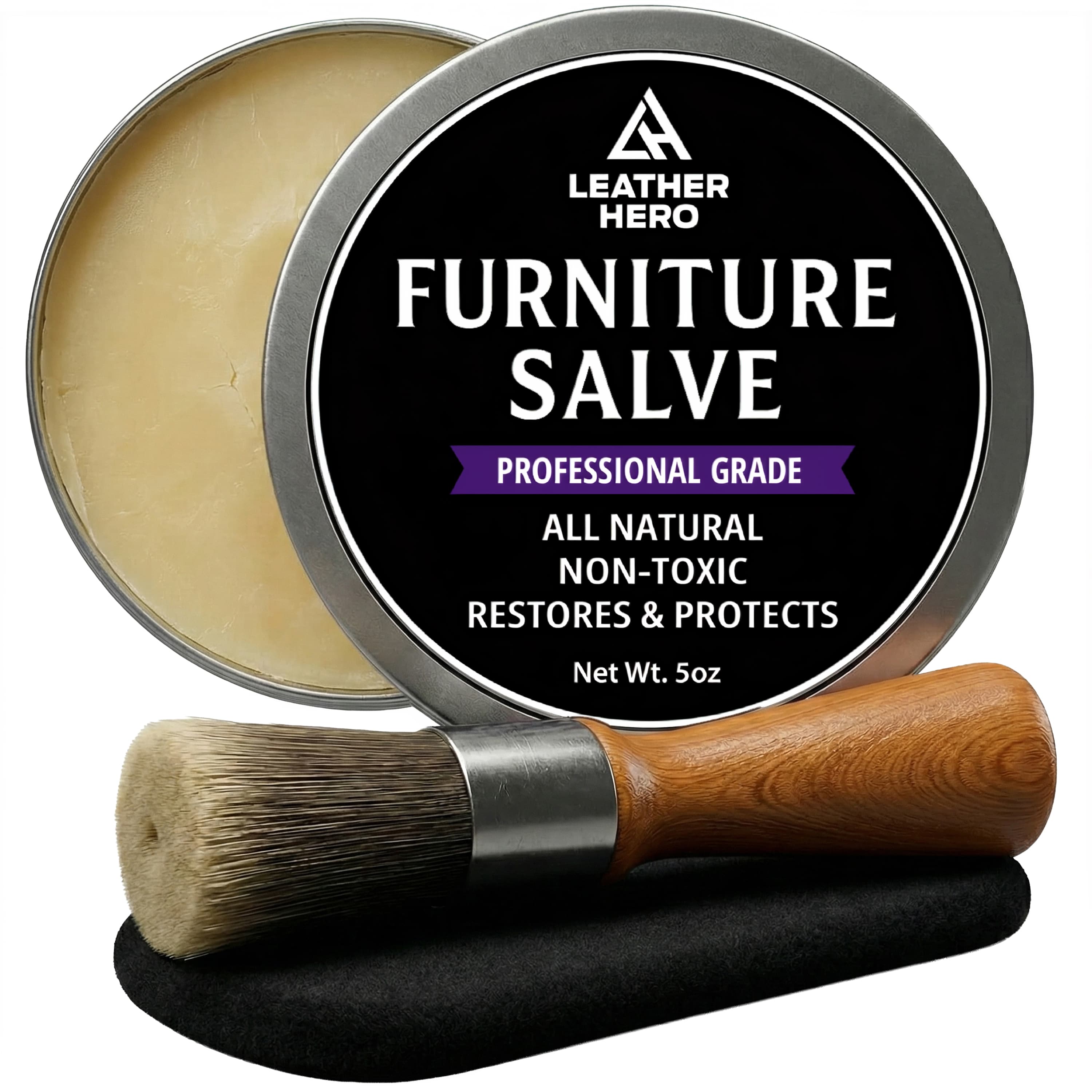 Original Leather Hero Furniture Salve main image — tin, applicator brush and buffing pad on a white background