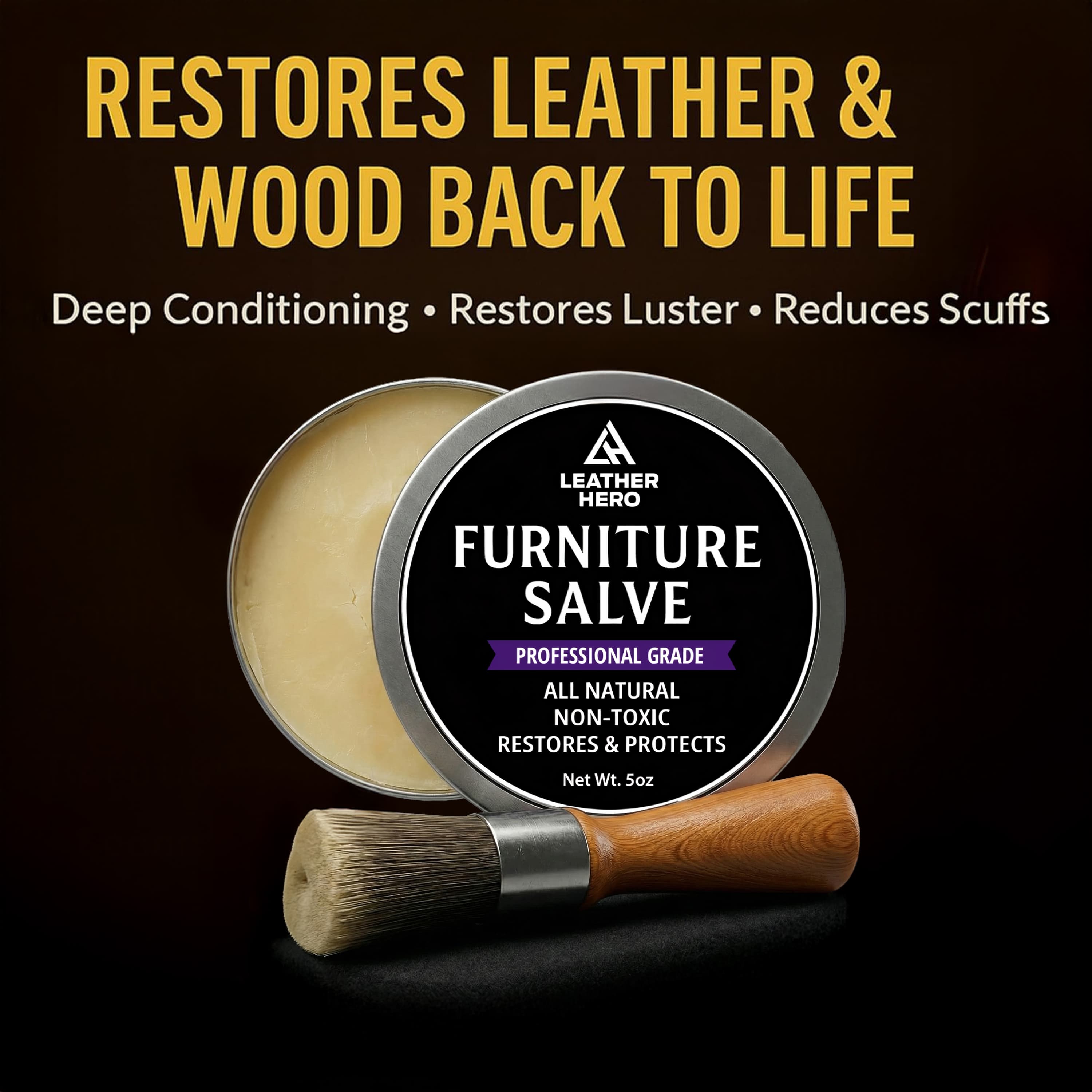 Original second image — "Restores Leather & Wood Back to Life" headline over a dark brown gradient