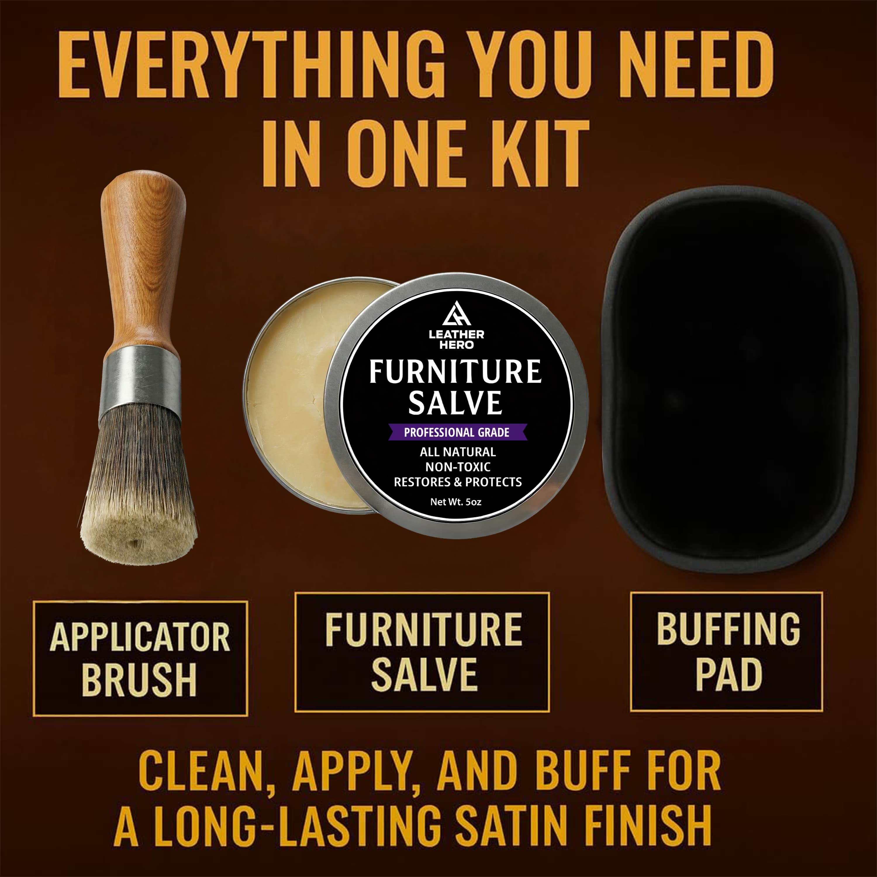 Original third image — "Everything You Need in One Kit" with the brush, salve and buffing pad labelled