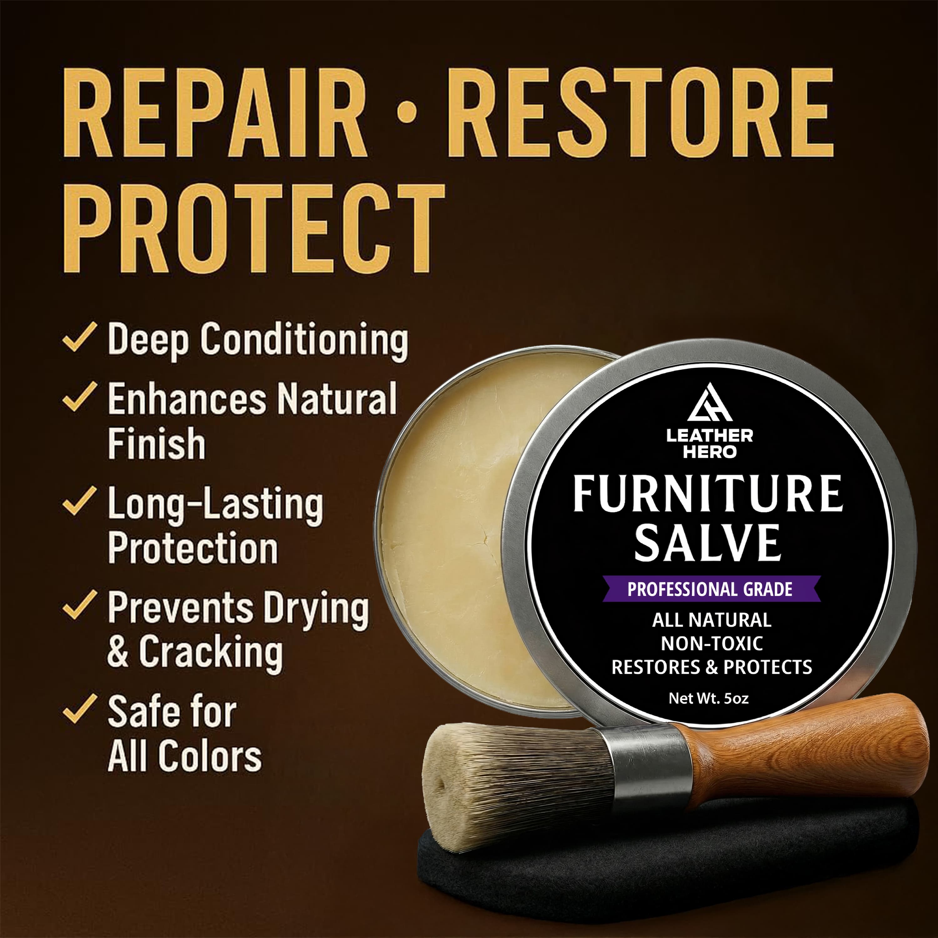 Original fourth image — "Repair · Restore · Protect" with a five-point benefit list on a brown gradient