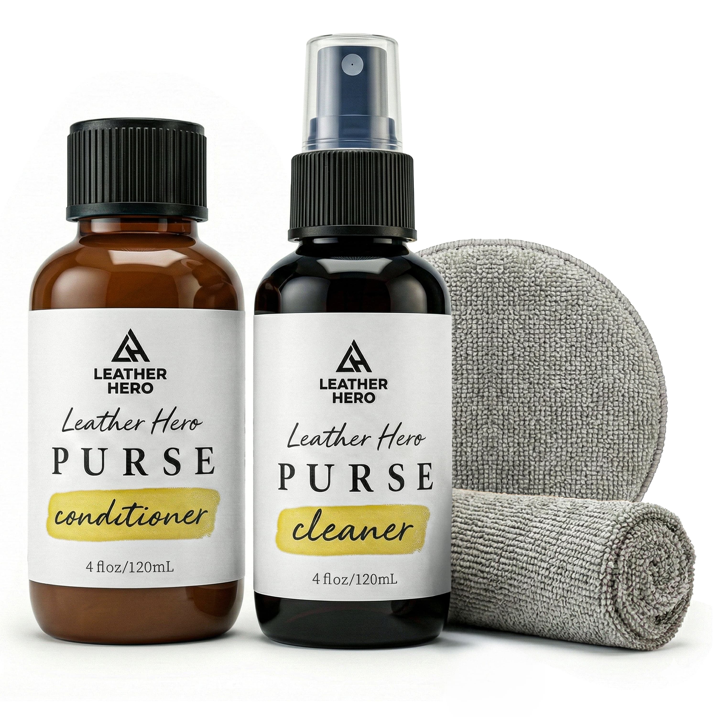 Leather Hero Purse Care Kit alternate main image — cleaner and conditioner bottles beside a microfiber pad and rolled cloth on a white background