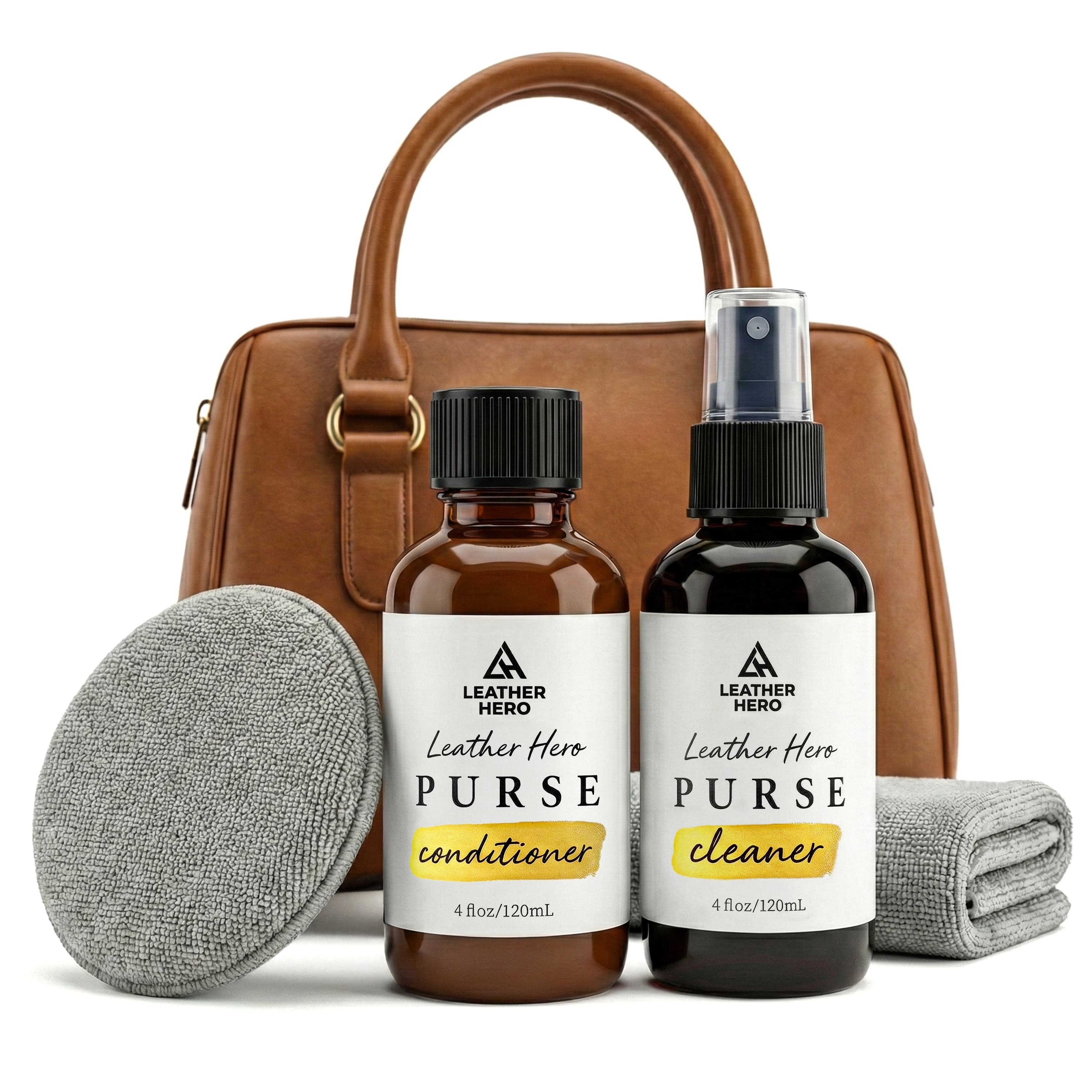 Leather Hero Purse Care Kit main image — cleaner and conditioner bottles, microfiber pad and cloth in front of a tan leather handbag on a white background