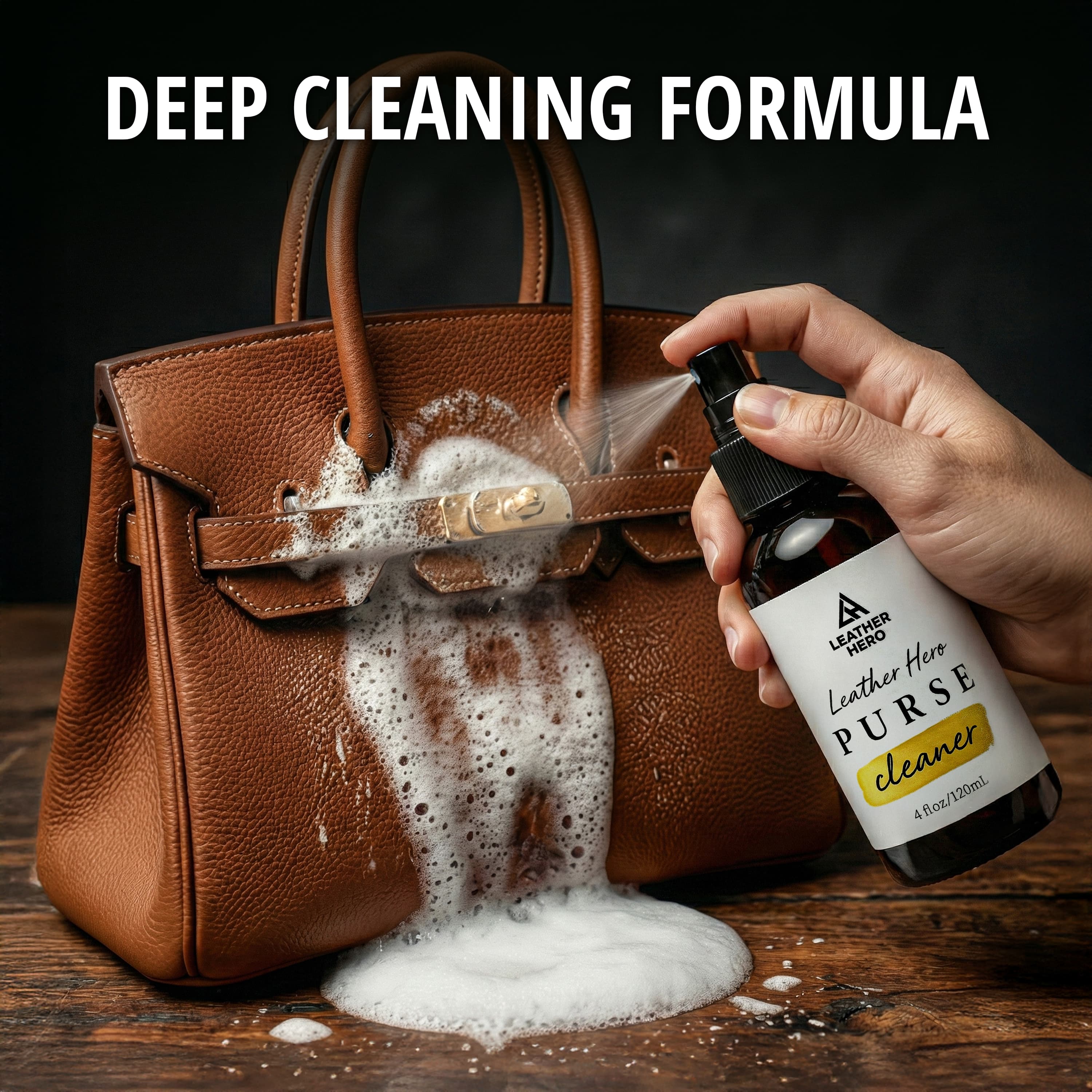 Deep cleaning formula — the Leather Hero purse cleaner sprayed onto a brown leather handbag with foam lifting grime off the surface