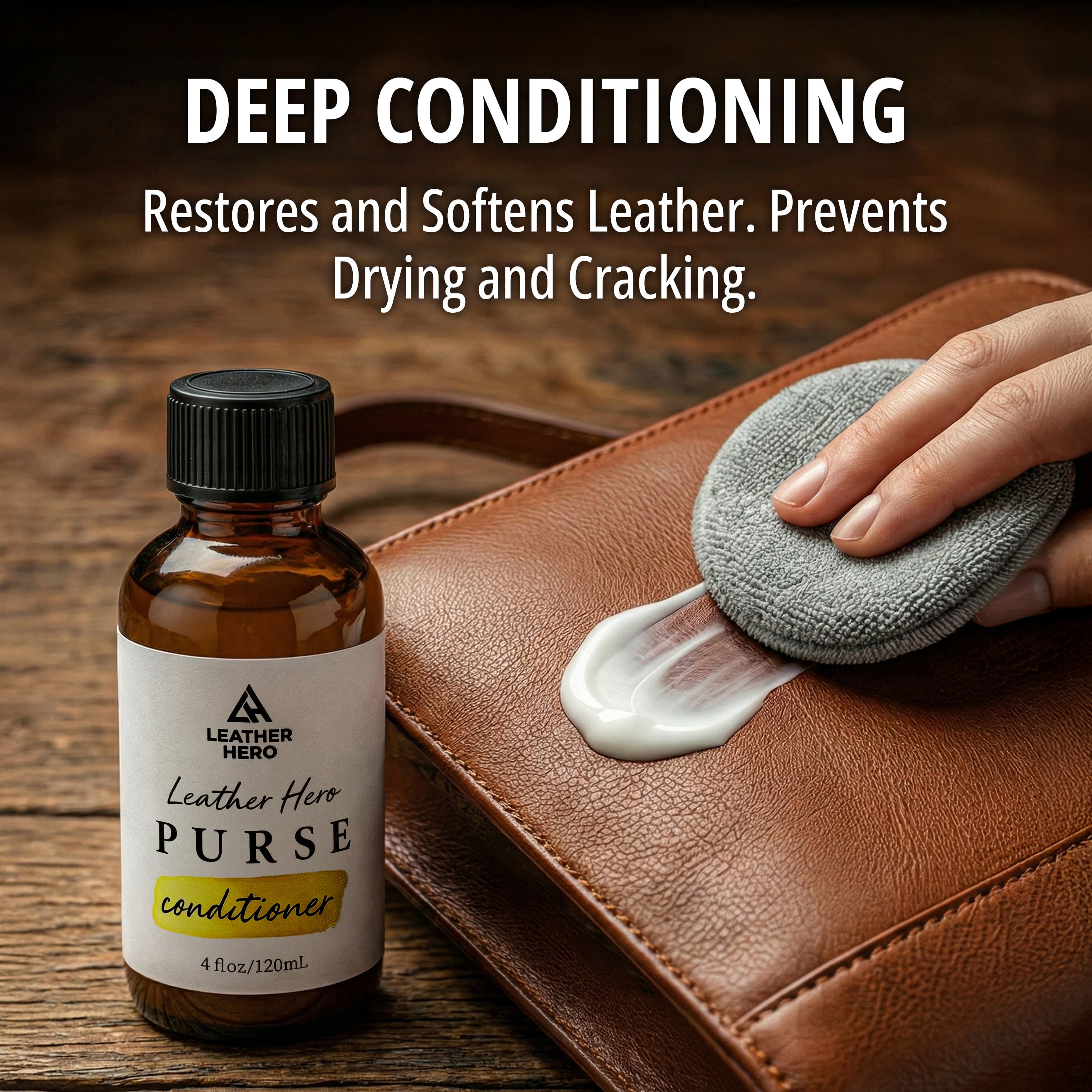 Deep conditioning — the Leather Hero purse conditioner worked into a brown leather bag with a microfiber pad, cream visible on the surface