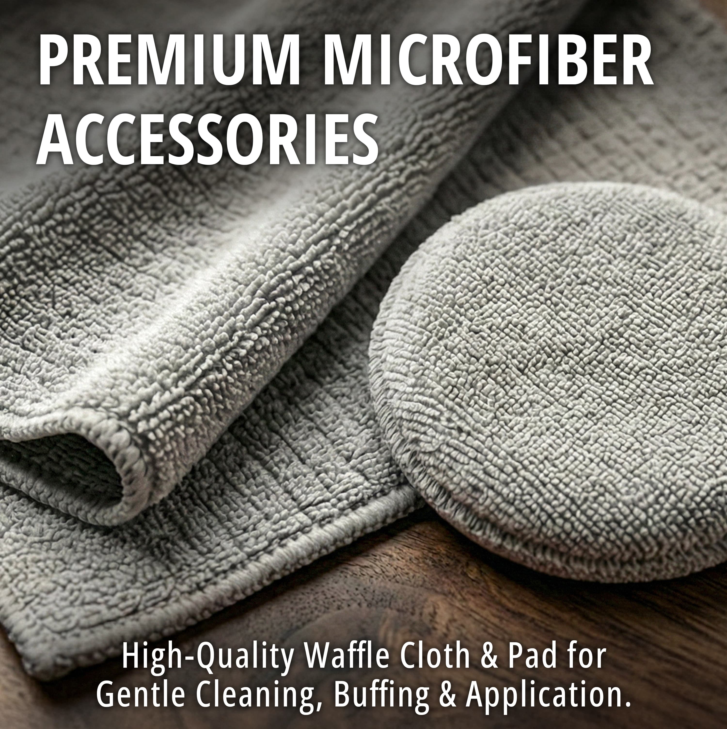 Premium microfiber accessories — a grey waffle-weave cloth and round buffing pad included in the Leather Hero purse kit