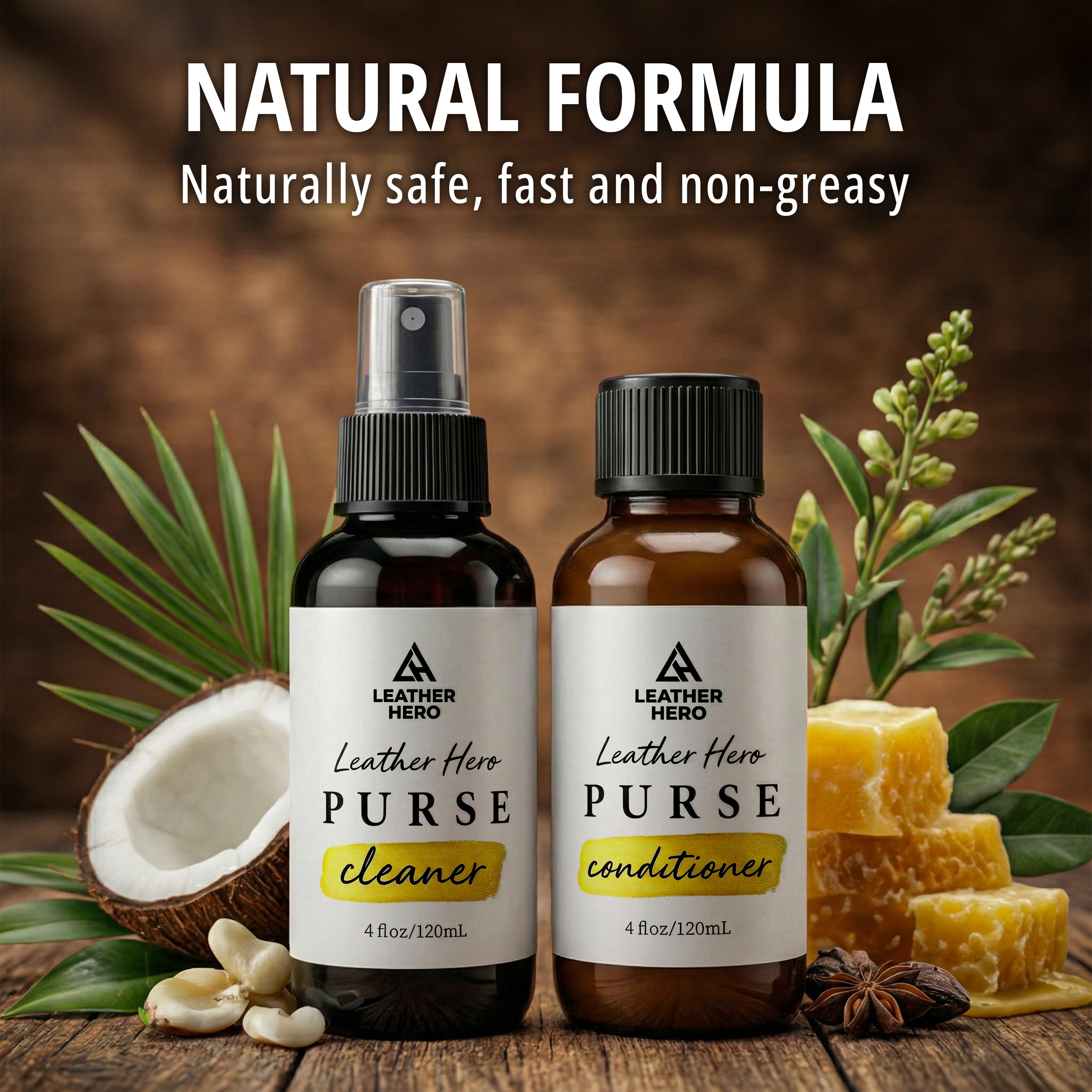 Natural formula — the cleaner and conditioner bottles framed by coconut, palm leaves and beeswax, captioned naturally safe, fast and non-greasy