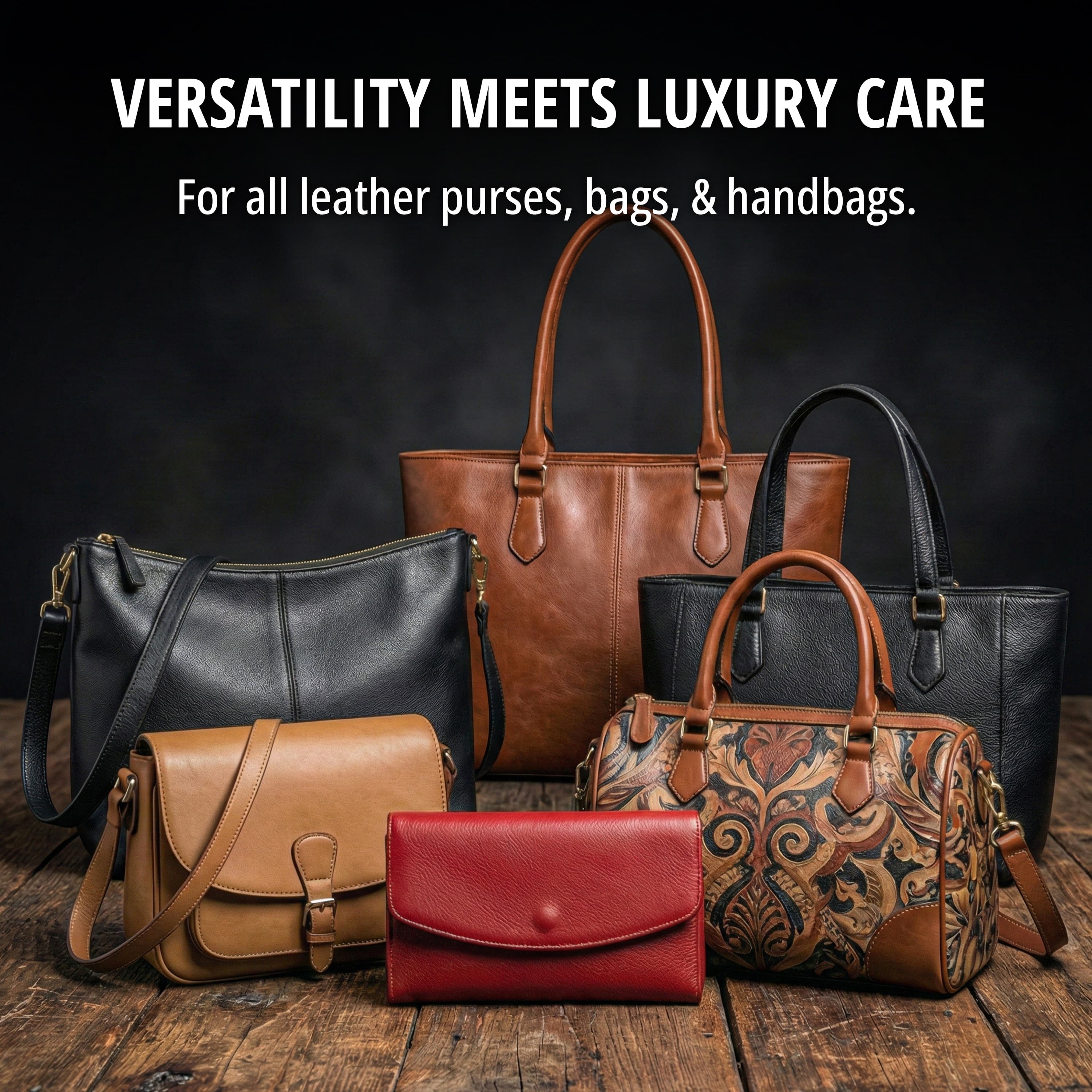 Versatility meets luxury care — a spread of six leather bags including totes, crossbodies, a red clutch and a patterned satchel