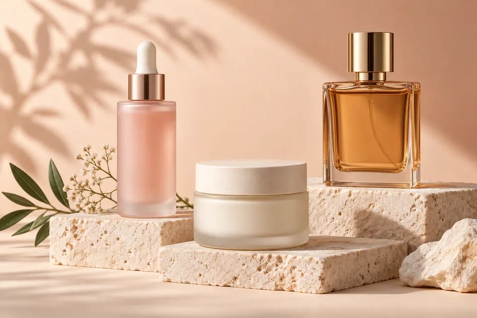 Skincare and fragrance concept products on a peach studio background