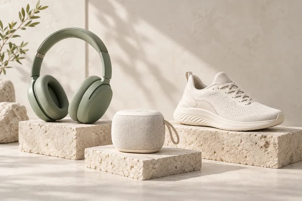 Headphones, a portable speaker and a sneaker on pale stone plinths