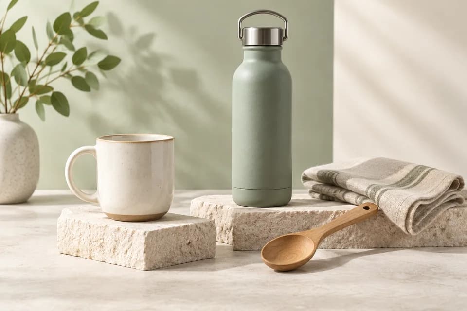 Ceramic mug, water bottle and kitchen utensils in a sage studio setting