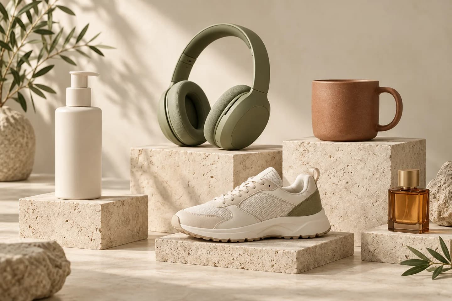 Creative concept featuring skincare, headphones, homeware, footwear and fragrance products