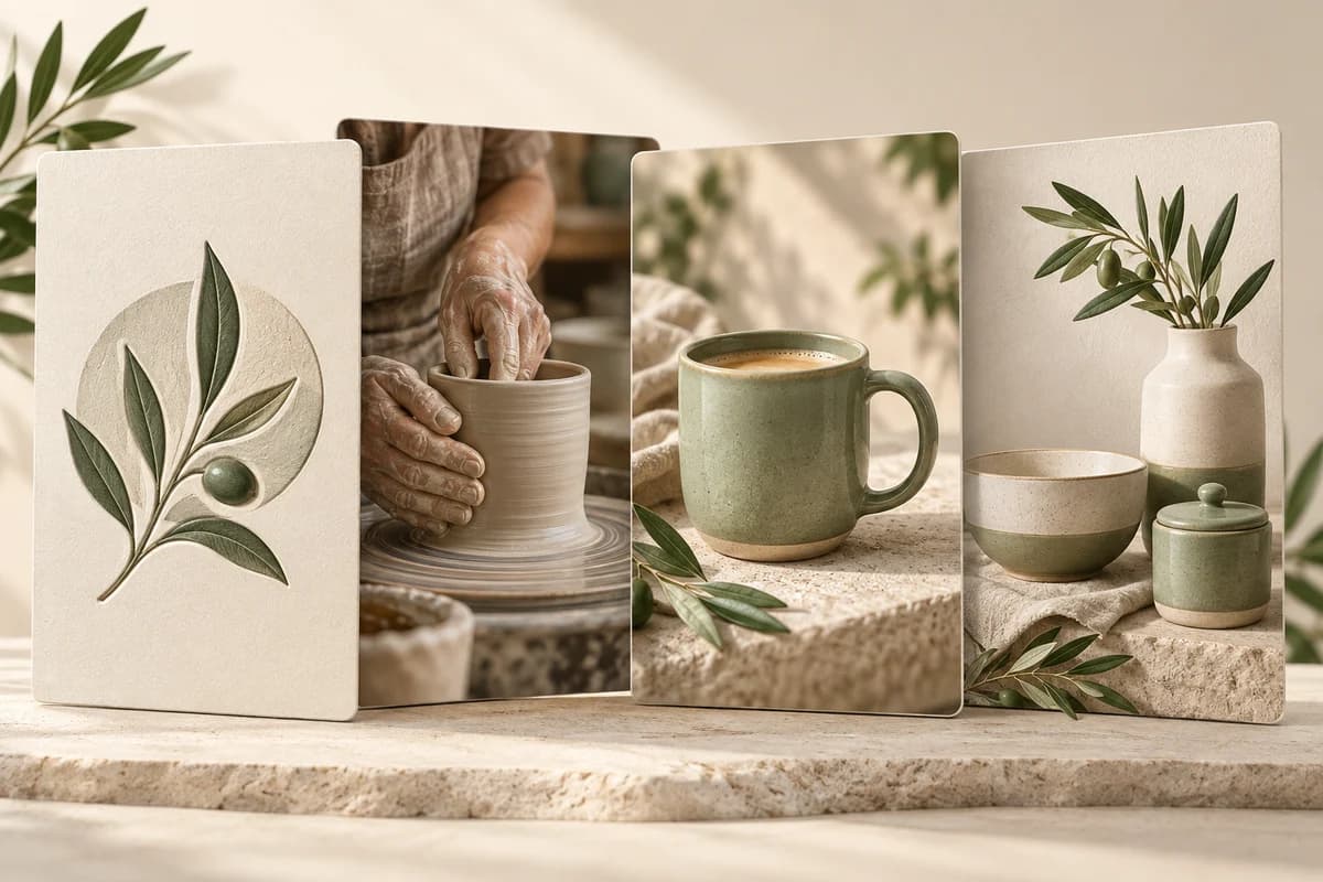 Brand Story concept showing a maker, ceramic products and a coordinated image carousel