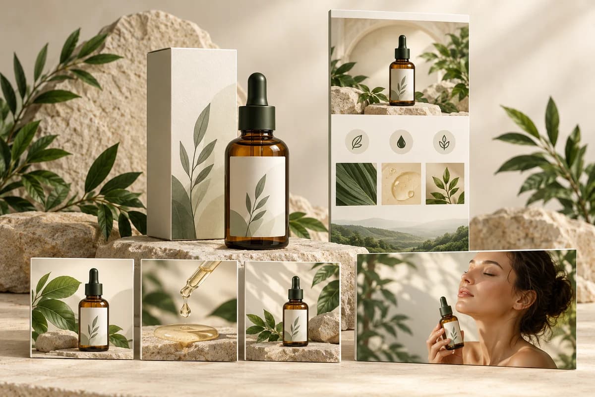 Full listing design concept with coordinated product photos, feature cards and storefront panels