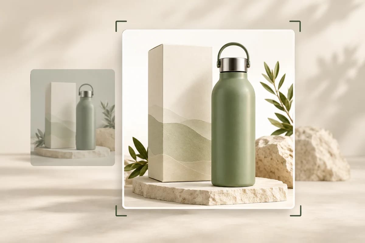 Main image design concept with a sage bottle and packaging in a clean product photo card