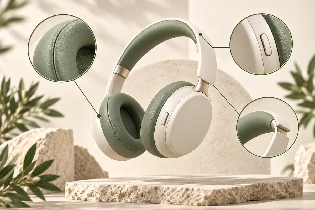Product infographic concept with headphones and connected feature close-ups