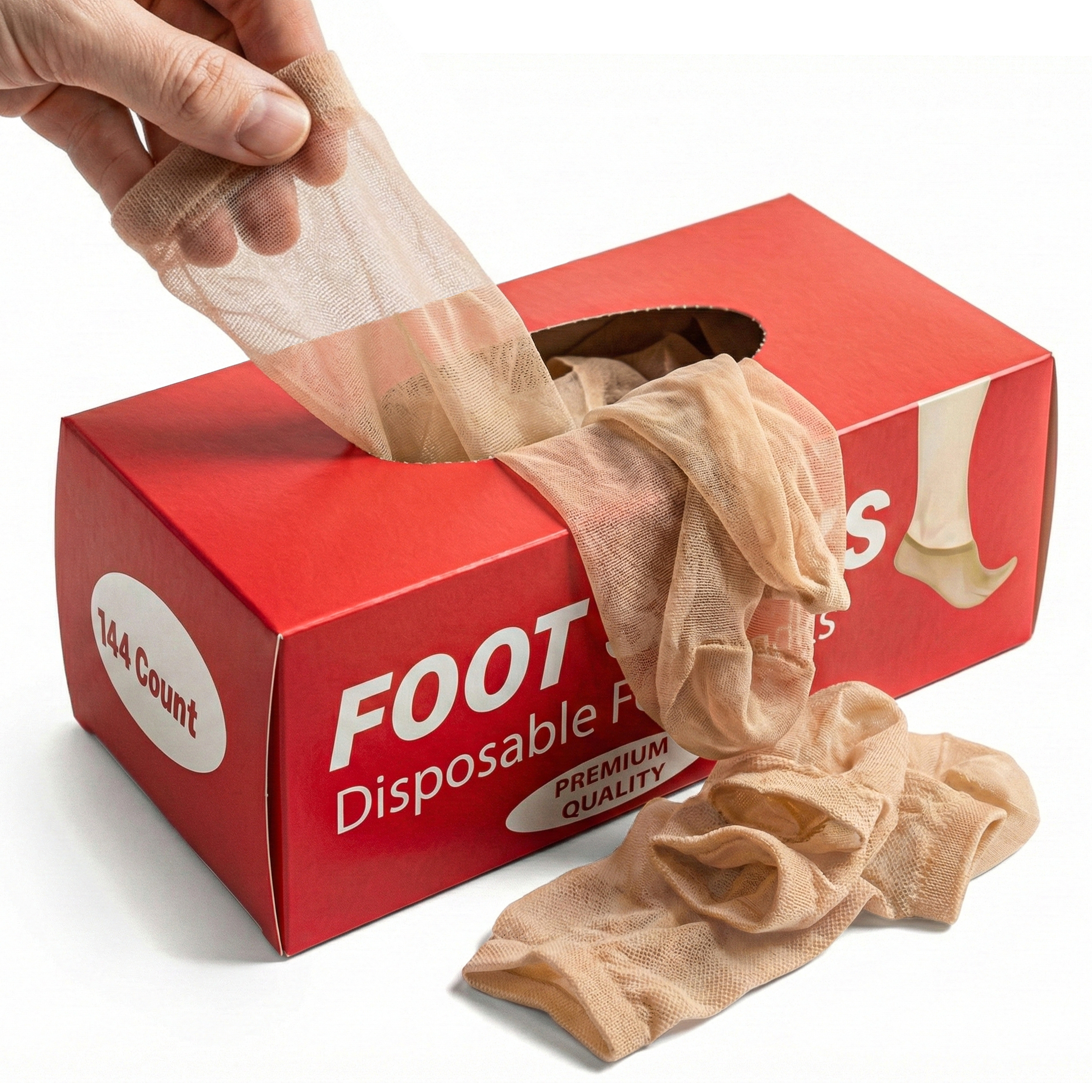 Disposable foot socks alternate main image — a hand pulling a sheer sock from the red dispenser box like a tissue