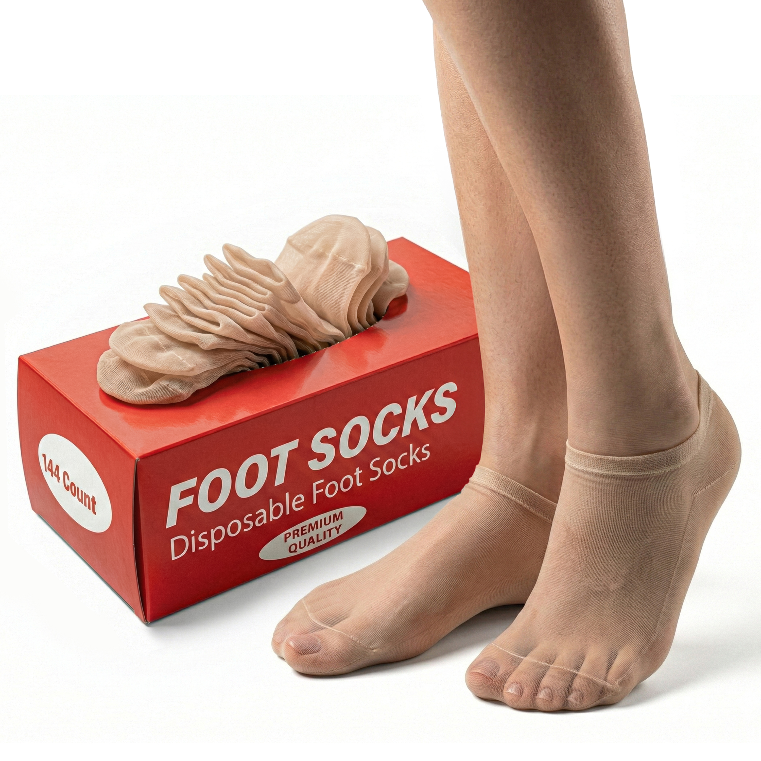 Disposable foot socks alternate main image — the red dispenser box filled with socks beside two feet wearing the sheer beige low-cut socks