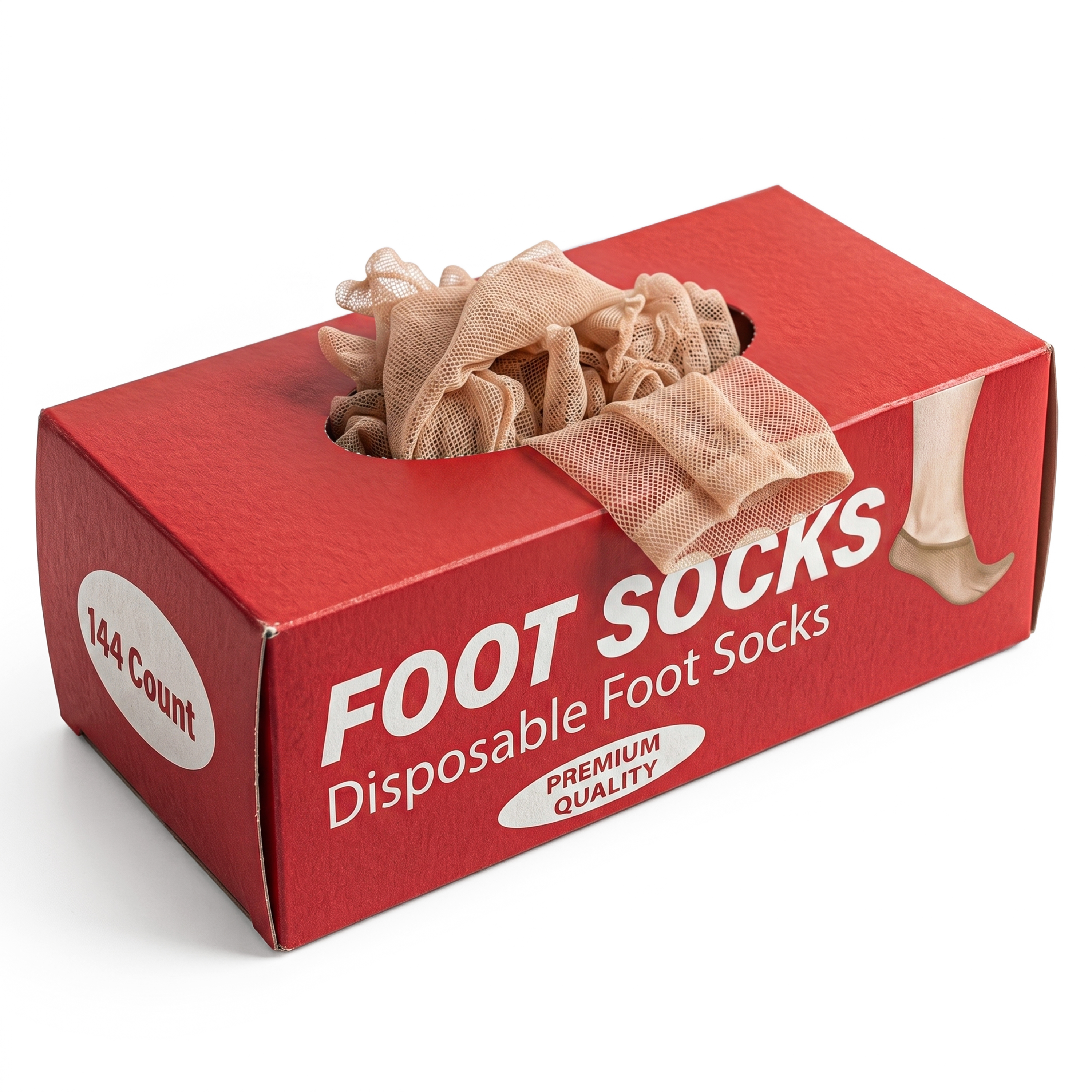 Disposable foot socks main image — a red 144-count “Foot Socks” dispenser box with sheer beige socks spilling from the top, on a white background