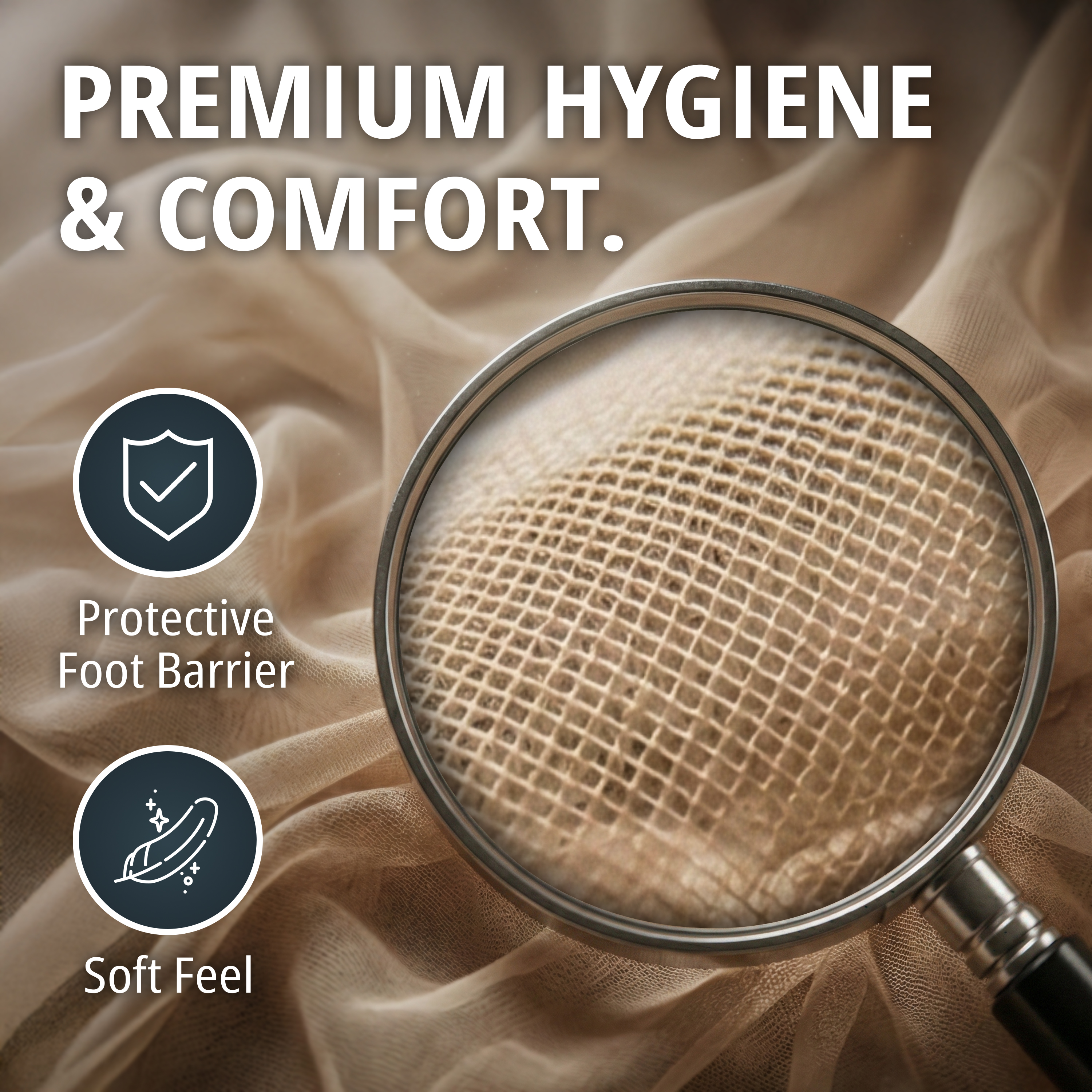 Premium hygiene and comfort — a magnifying glass over the fine mesh of the sock fabric, with icons for a protective foot barrier and soft feel