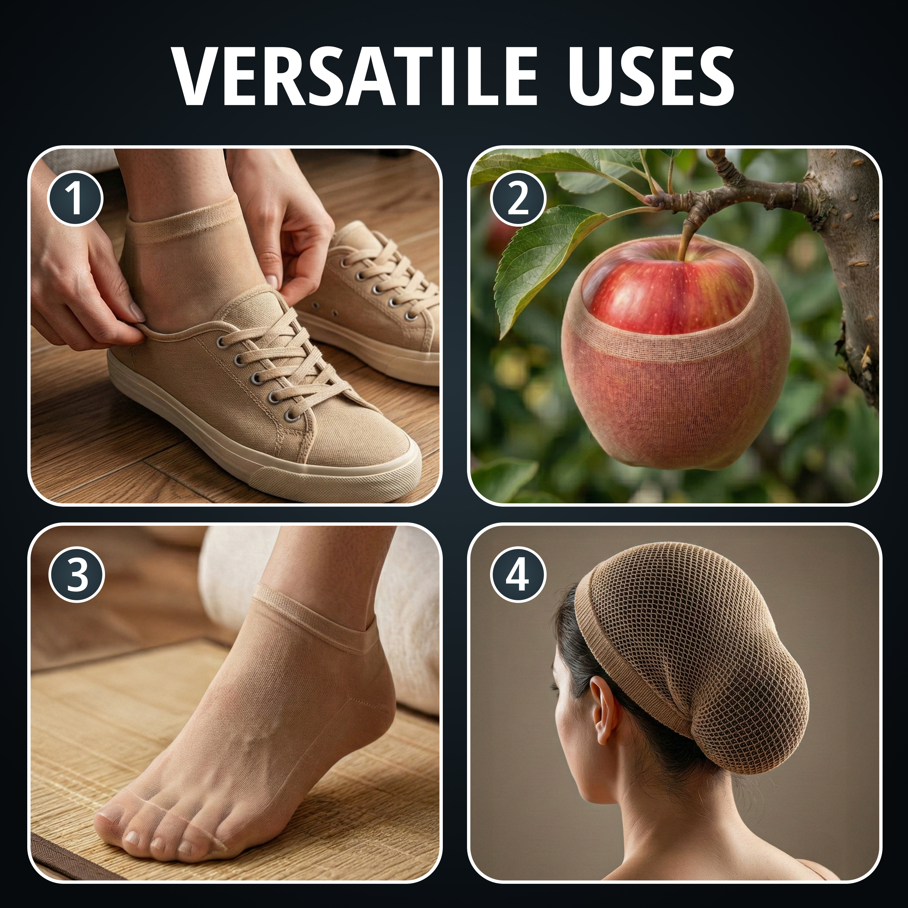 Versatile uses — four numbered panels: trying on sneakers, protecting an apple on the tree, a bare foot at a spa, and a mesh net over hair