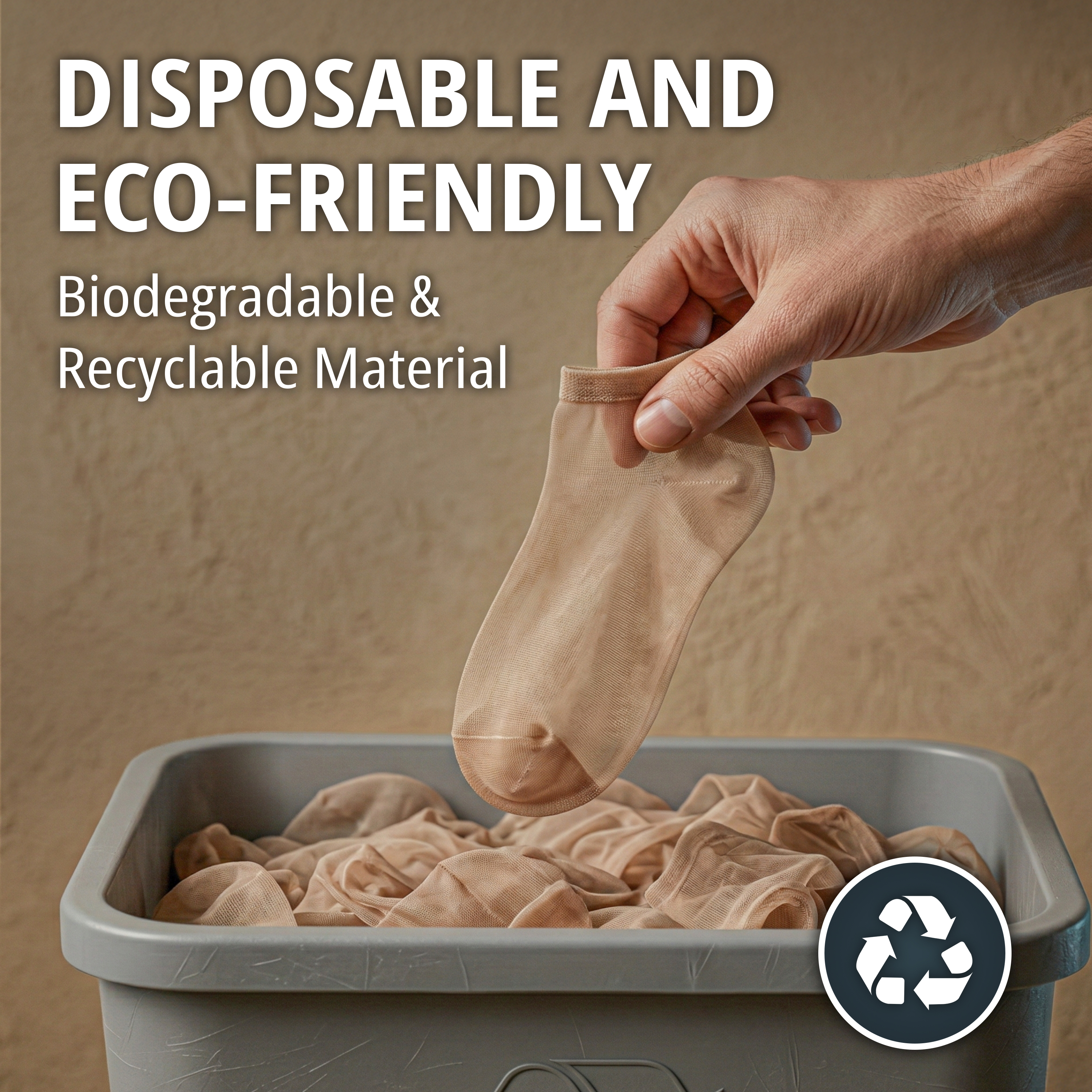Disposable and eco-friendly — a hand dropping a used sock into a grey bin full of socks, with a recycling icon and biodegradable, recyclable material copy