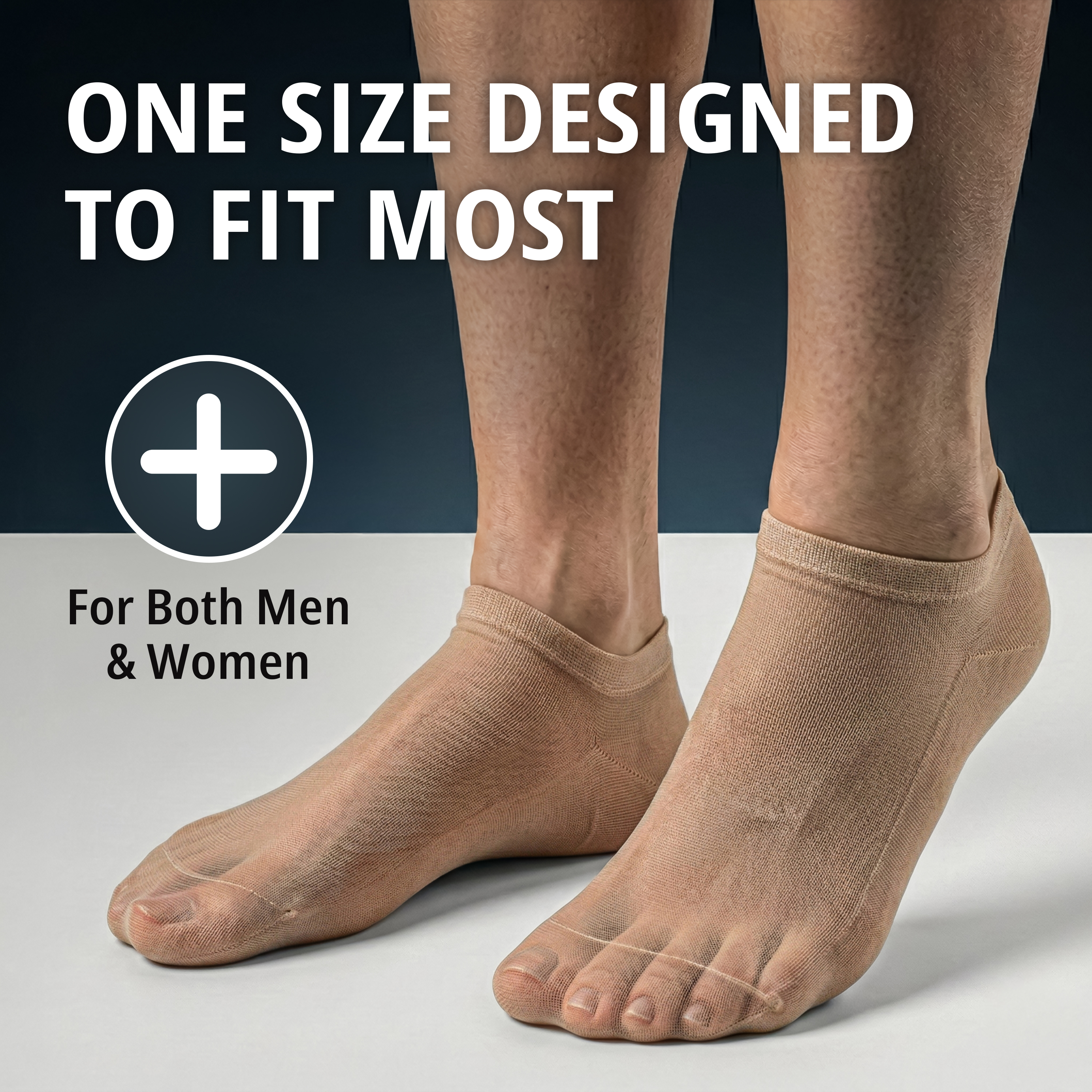 One size designed to fit most — two feet in sheer low-cut socks on a white floor, with a “For Both Men & Women” icon