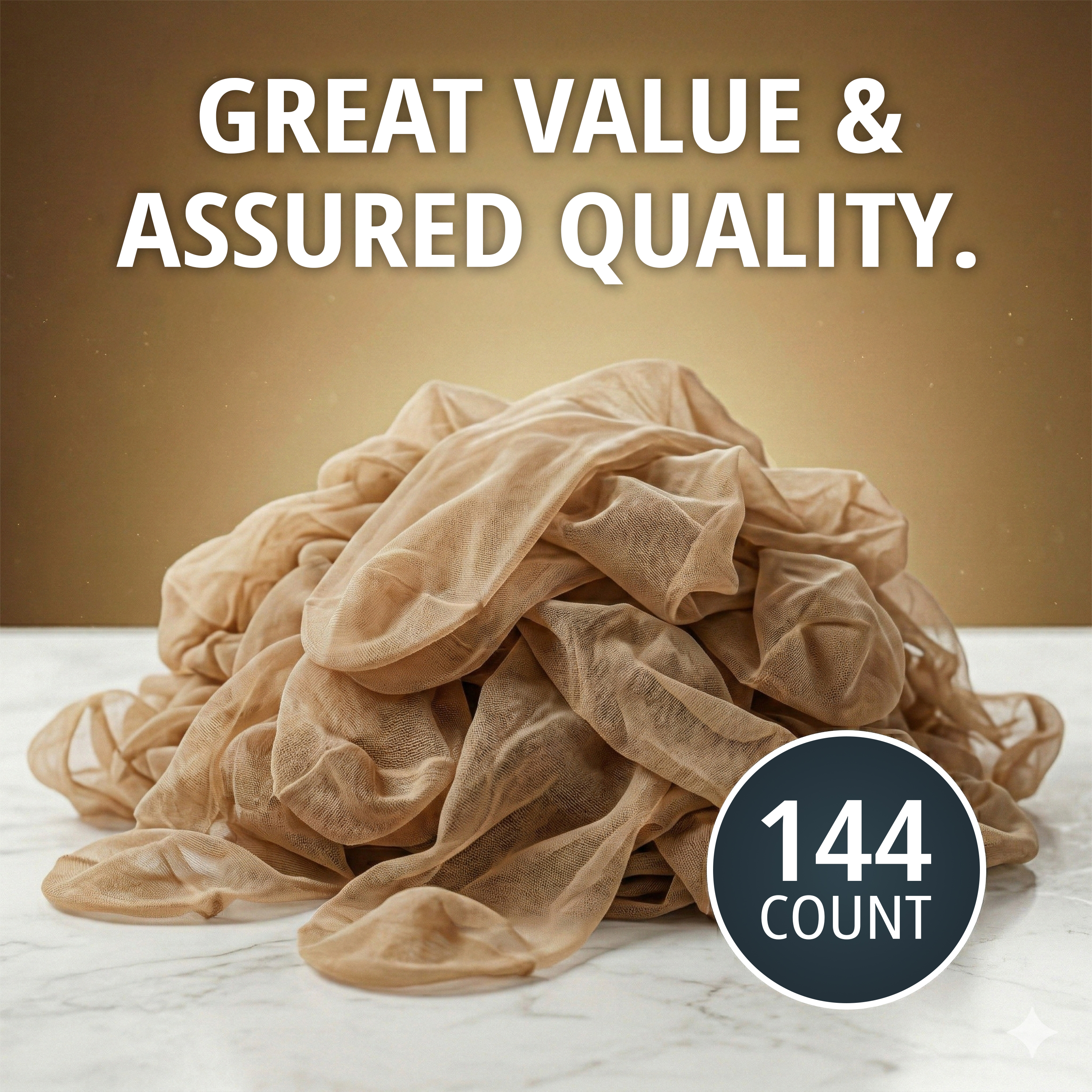 Great value and assured quality — a large pile of sheer beige socks on white marble under a warm gold backdrop, with a 144 count badge