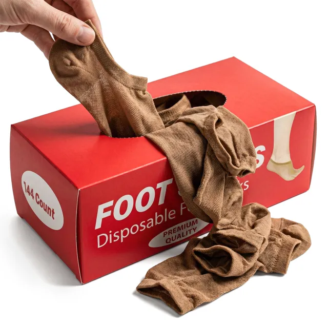 Knit foot socks main image — a hand pulling a sock from the red 144-count dispenser box