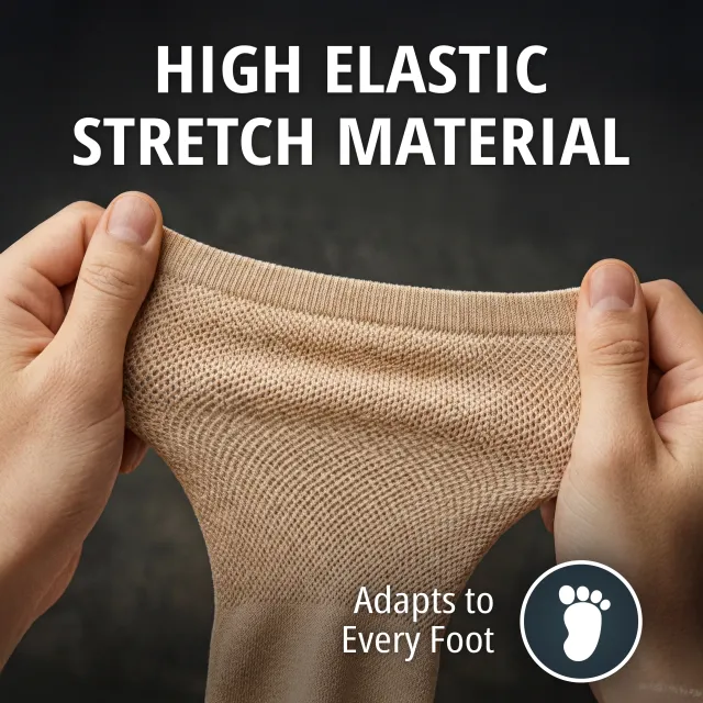 High elastic stretch material — two hands stretching the knit cuff of a sock against a dark background