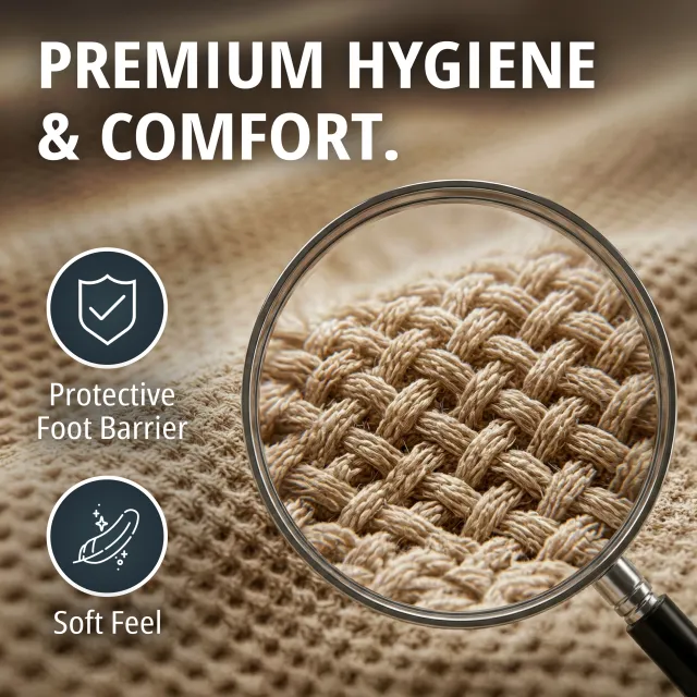 Premium hygiene and comfort — a magnifying glass over the knit weave, with protective barrier and soft feel icons