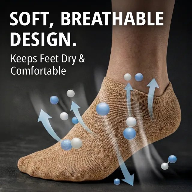 Soft, breathable design — a foot in a knit sock with airflow arrows and moisture particles