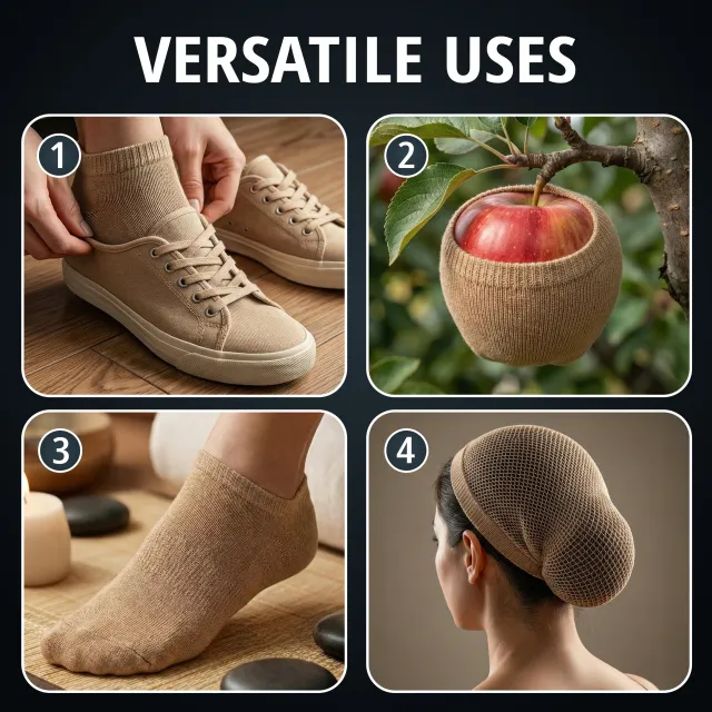 Versatile uses — four panels: sneakers, apple protection, spa, and a hair net