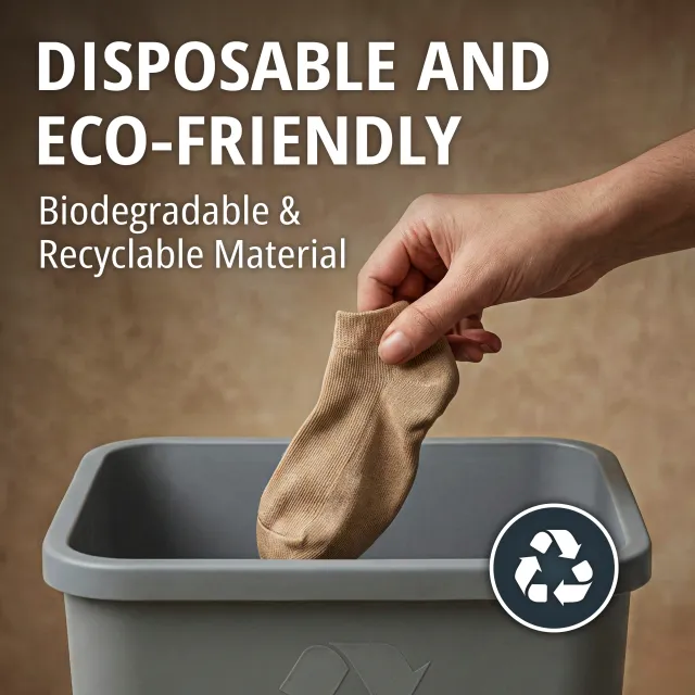 Disposable and eco-friendly — a hand dropping a used knit sock into a grey bin