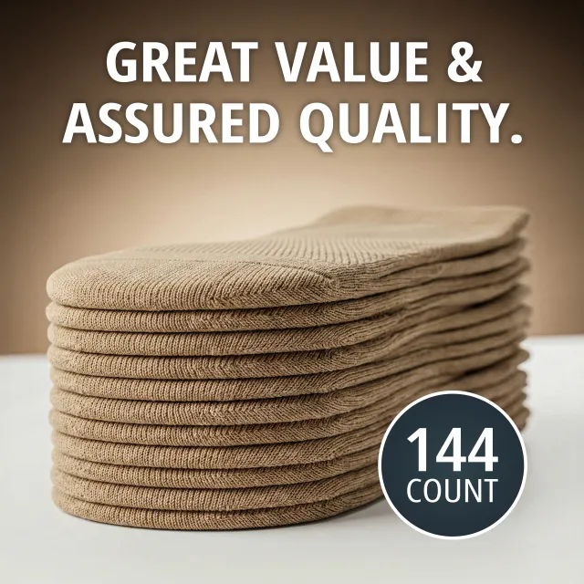 Great value and assured quality — a neat stack of knit socks with a 144 count badge