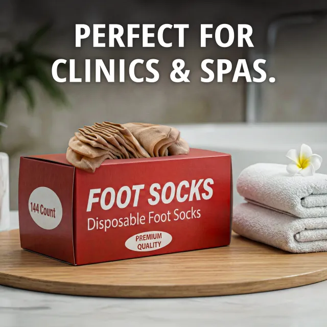 Perfect for clinics and spas — the red Foot Socks box on a wooden tray beside folded white towels and a frangipani