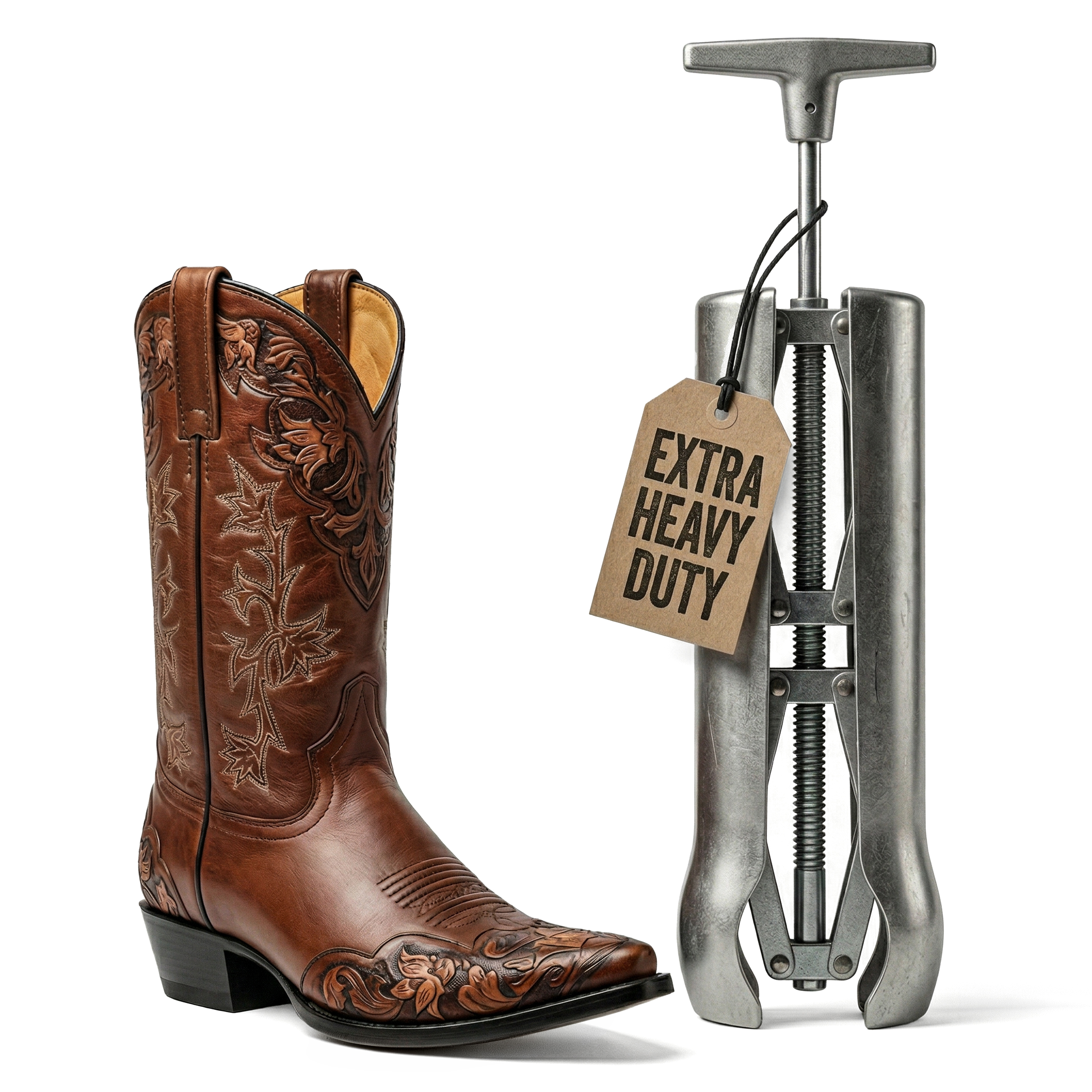 Leather Hero boot stretcher alternate main image — the steel stretcher standing beside a tooled brown cowboy boot on a white background