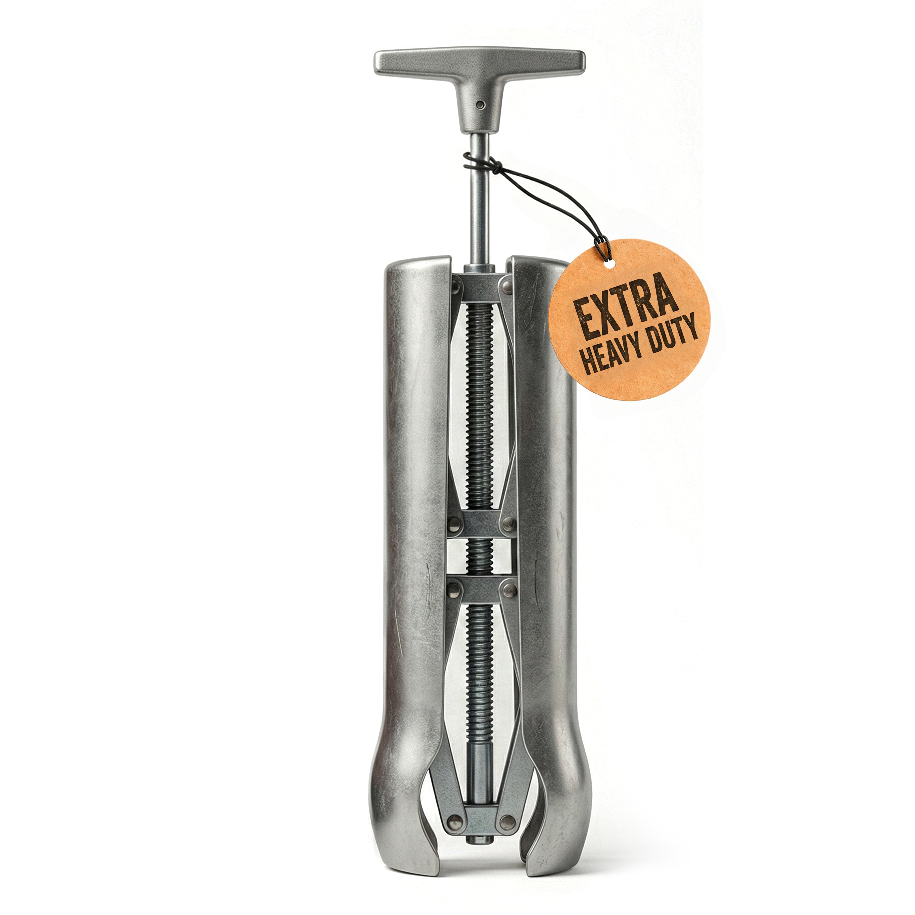Leather Hero boot stretcher main image — a steel calf and shaft stretcher with a T-handle and a kraft “Extra Heavy Duty” tag on a white background