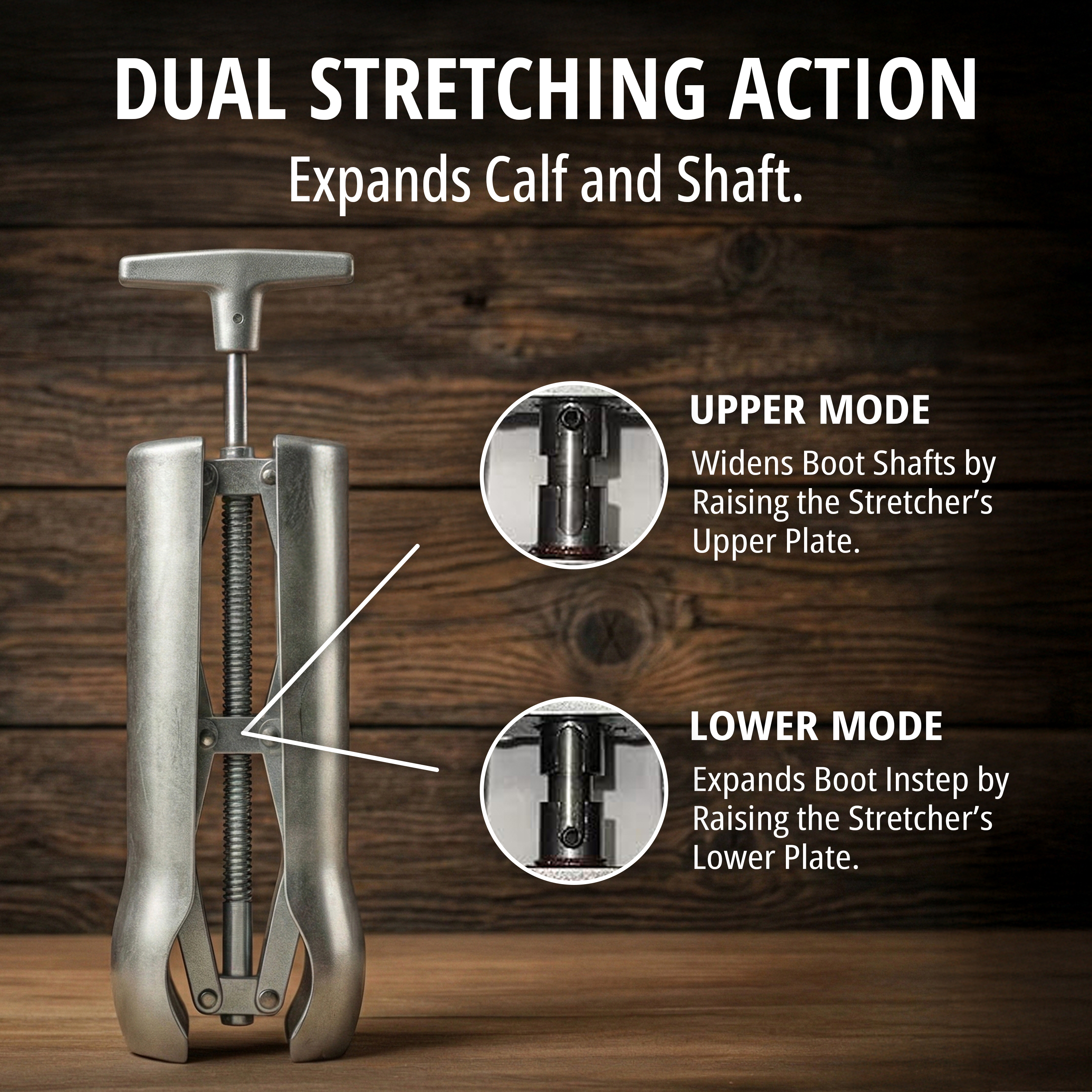 Dual stretching action — the stretcher on a wood background with two close-up callouts explaining upper mode for boot shafts and lower mode for the instep