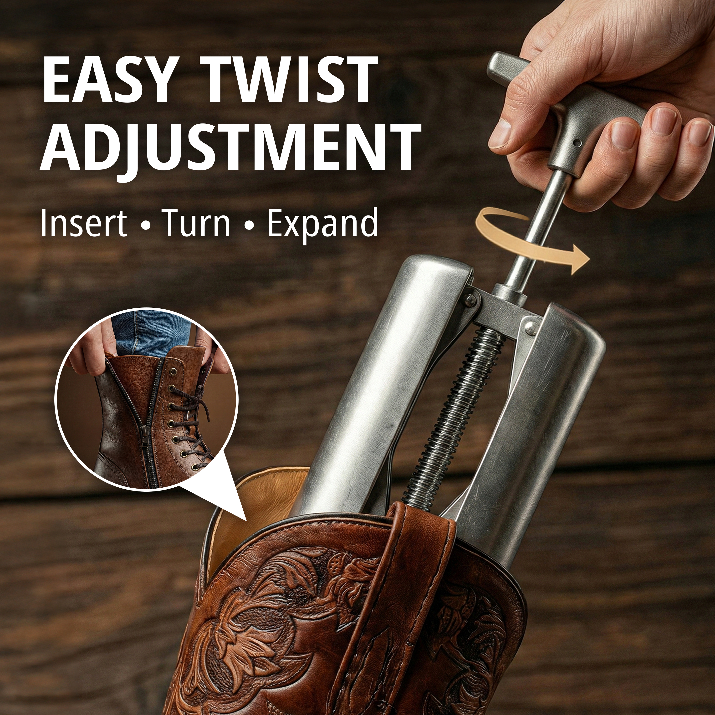 Easy twist adjustment — a hand turning the T-handle of the stretcher inside a tooled boot, with a rotation arrow and an inset of a zip-up lace boot